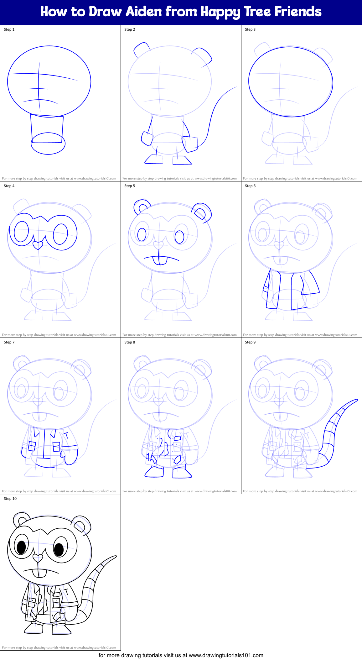 How to Draw Aiden from Happy Tree Friends Printable Step by Step