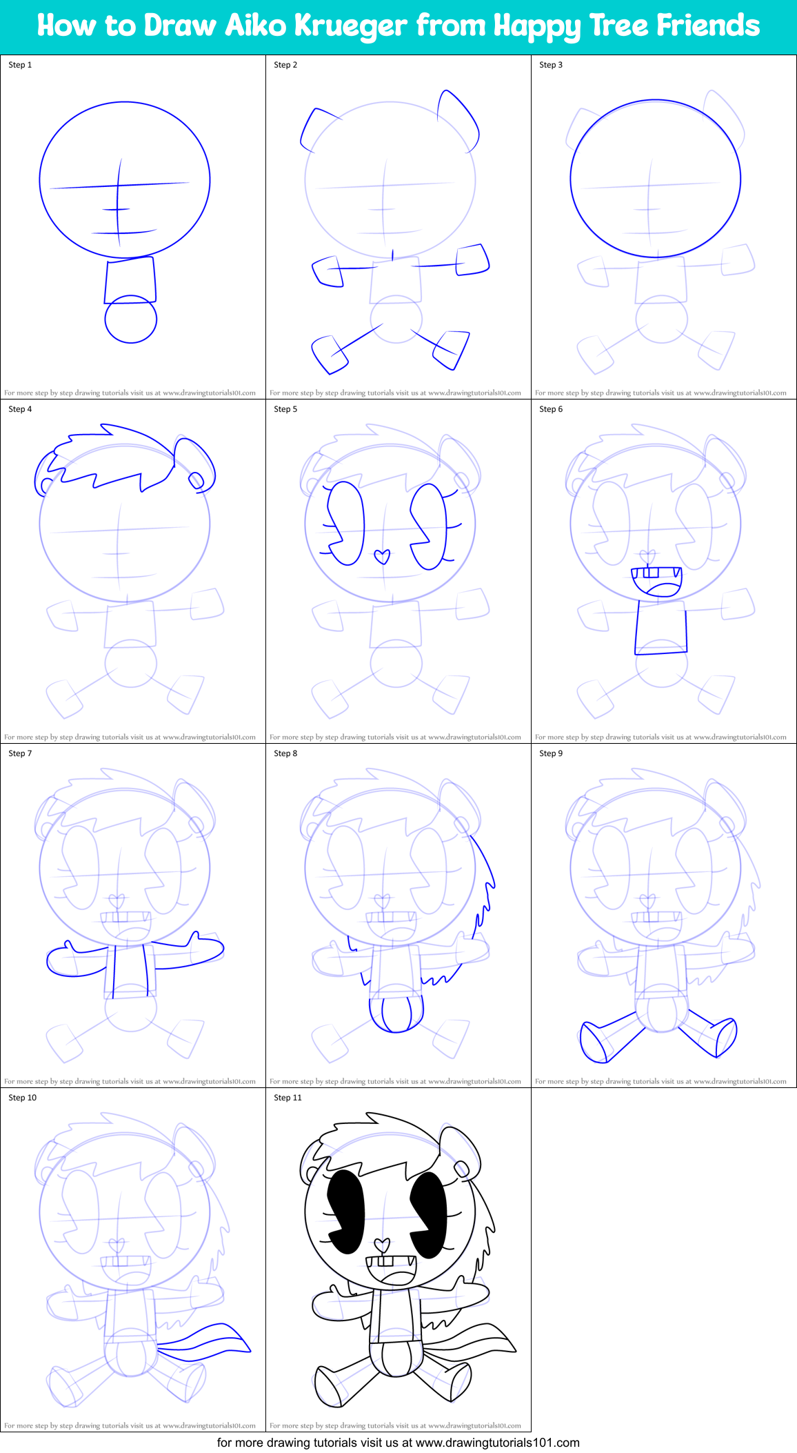 How to Draw Aiko Krueger from Happy Tree Friends Printable Step by Step