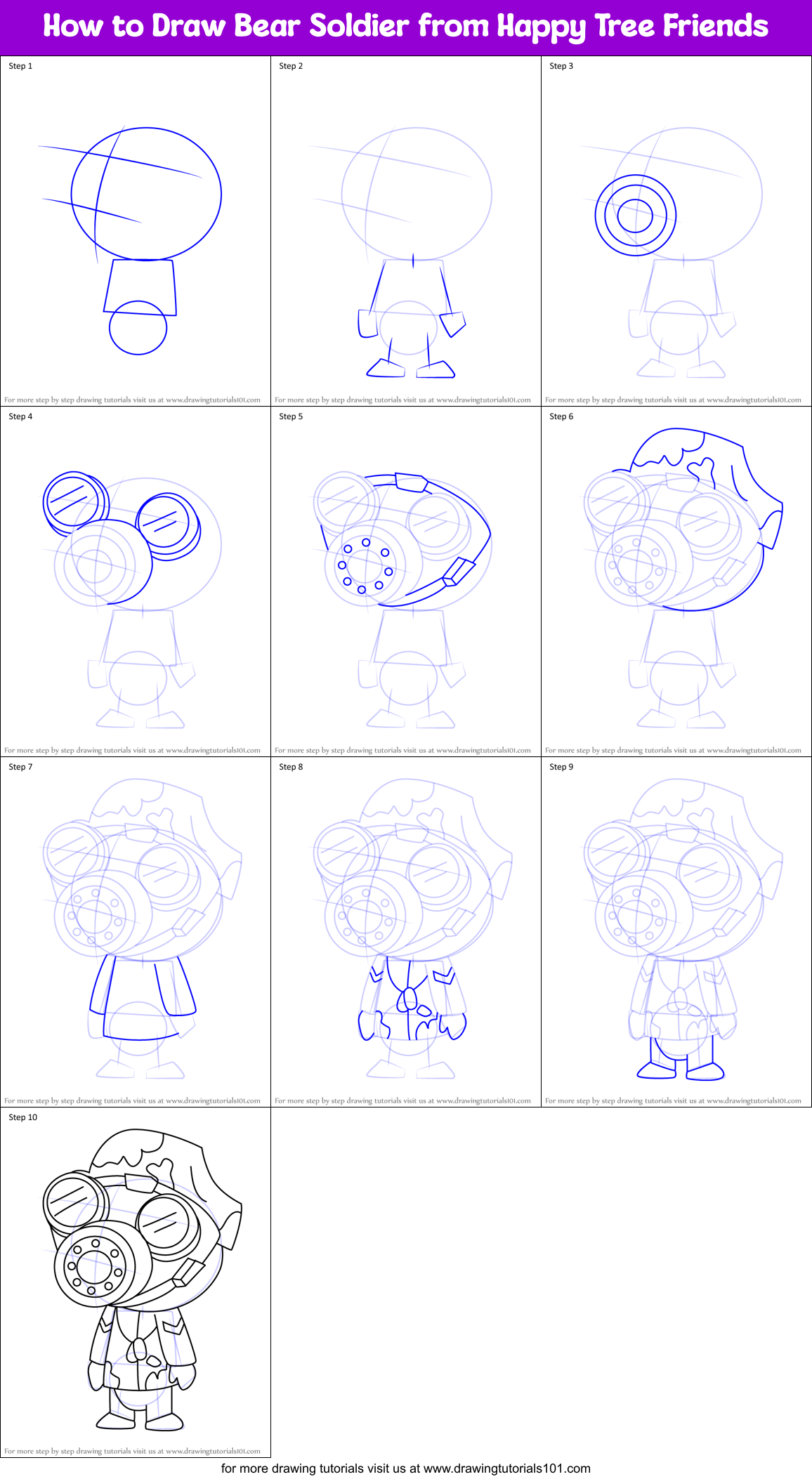 How to Draw Bear Soldier from Happy Tree Friends Printable Step by Step