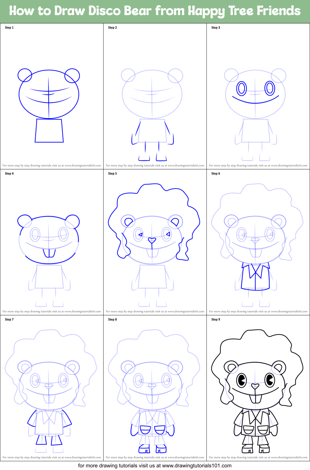 How to Draw Disco Bear from Happy Tree Friends Printable Step by Step