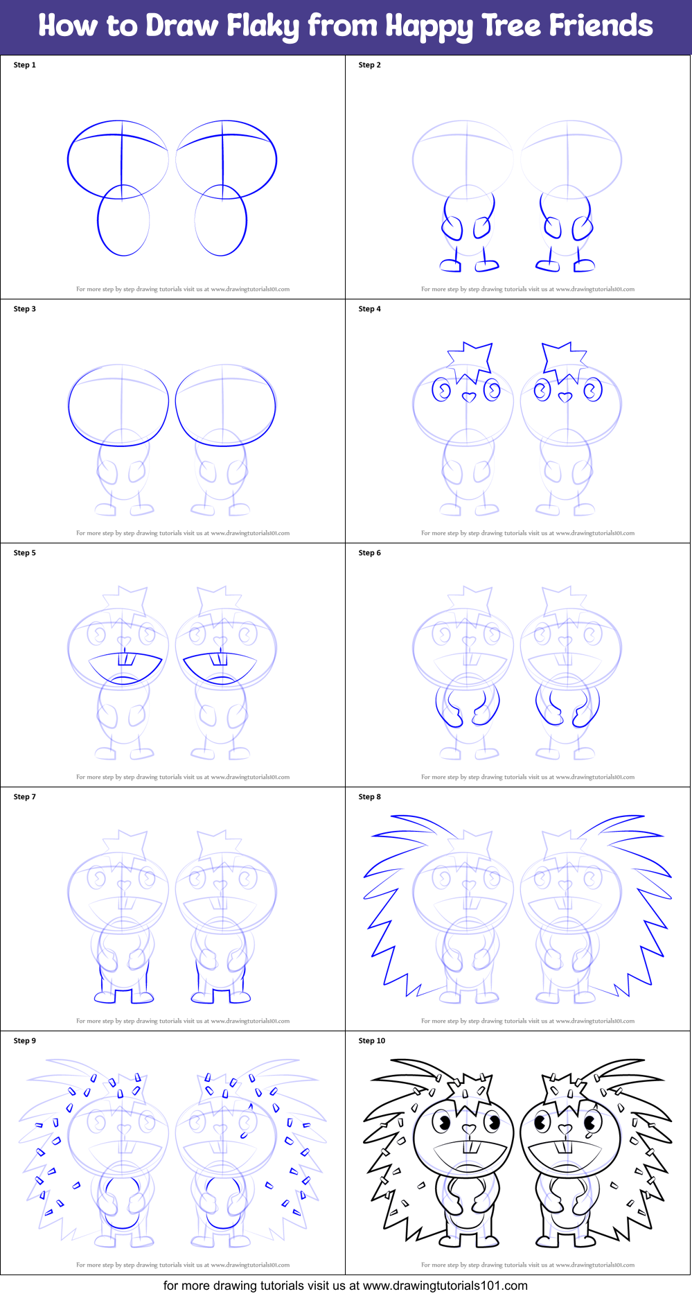 How to Draw Flaky from Happy Tree Friends Printable Step by Step