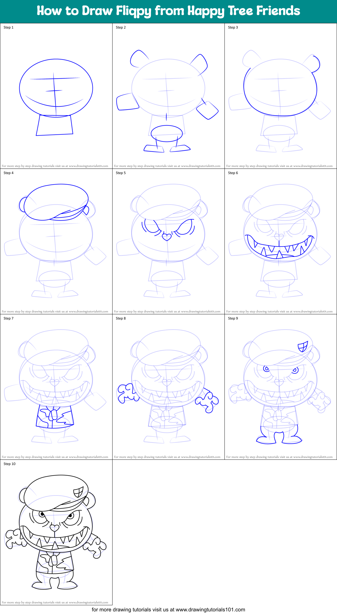 How to Draw Fliqpy from Happy Tree Friends Printable Step by Step