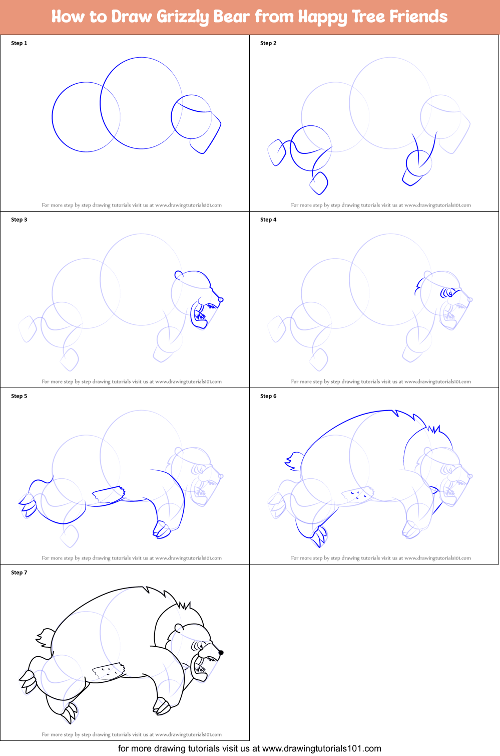 How to Draw Grizzly Bear from Happy Tree Friends Printable Step by Step