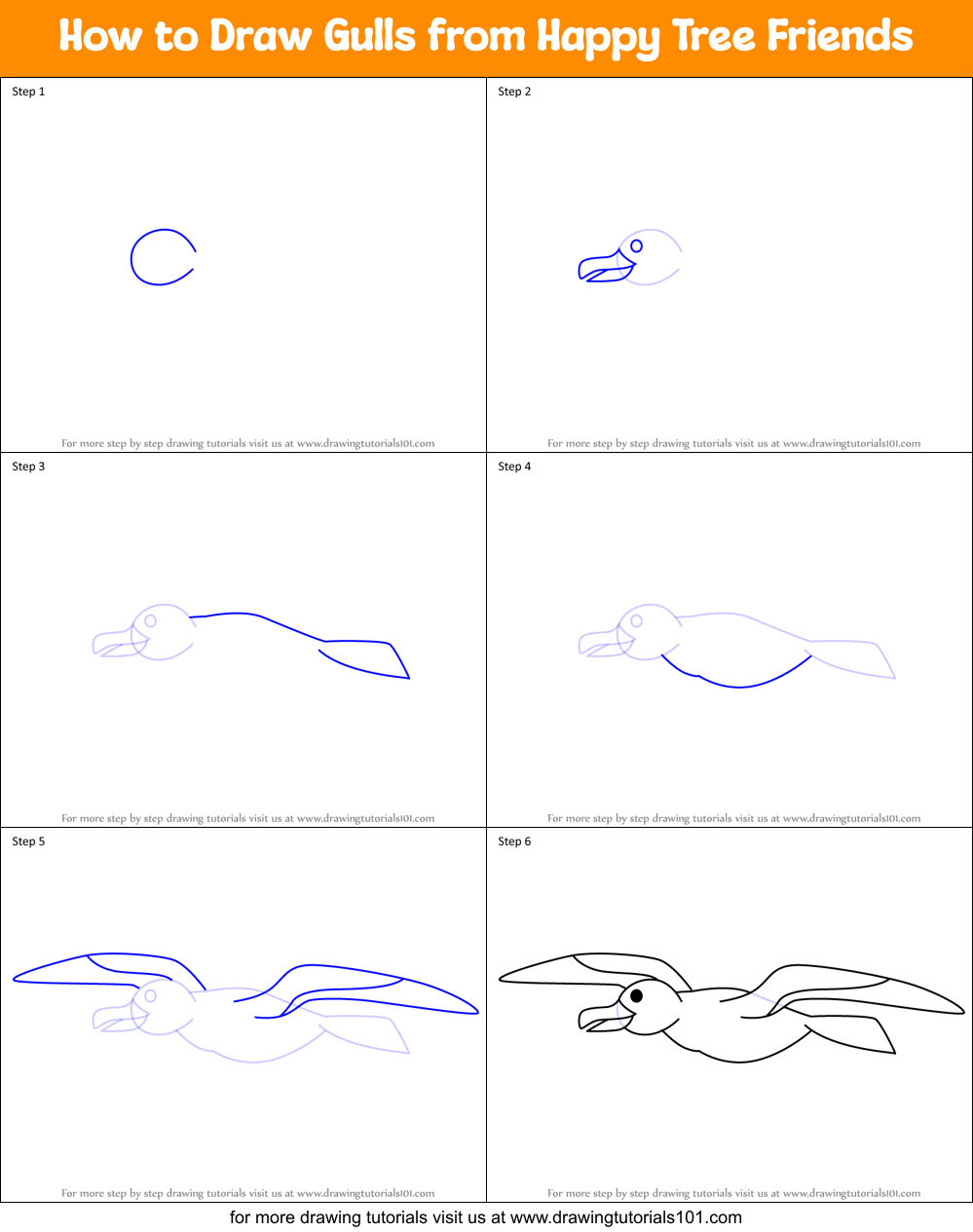 How to Draw Gulls from Happy Tree Friends Printable Step by Step