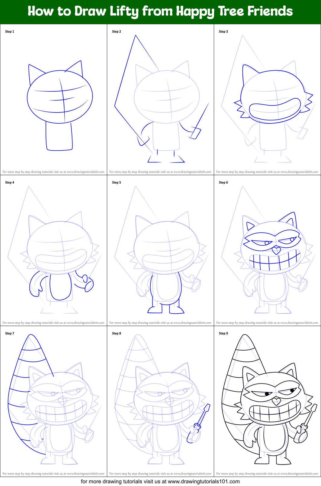How to Draw Lifty from Happy Tree Friends Printable Step by Step