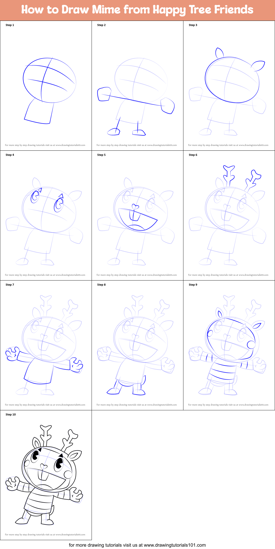 How to Draw Mime from Happy Tree Friends Printable Step by Step