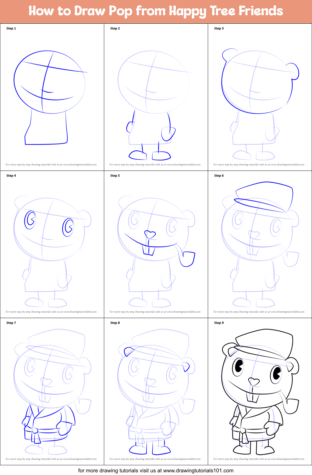 How to Draw Pop from Happy Tree Friends Printable Step by Step