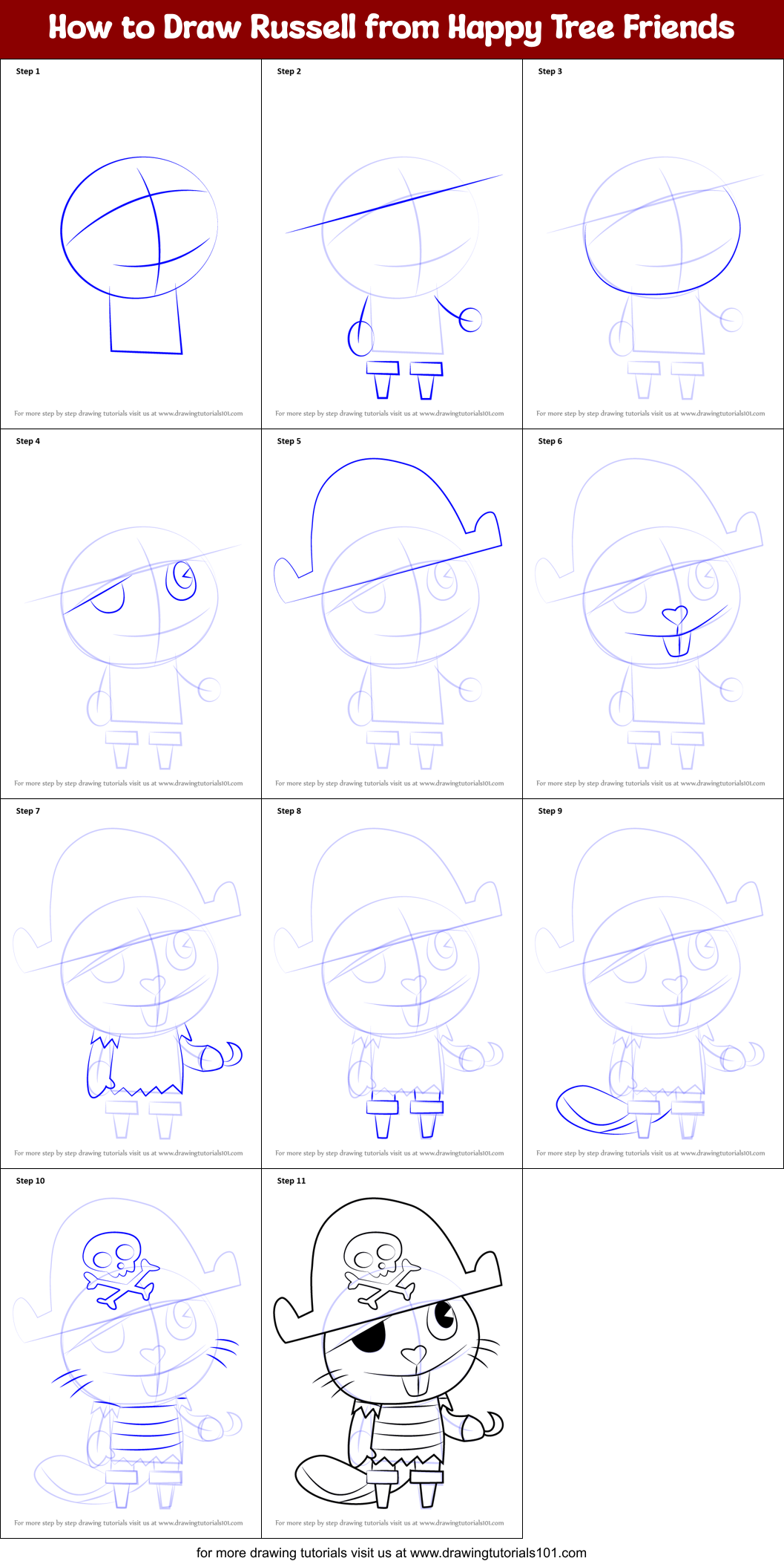 How to Draw Russell from Happy Tree Friends Printable Step by Step