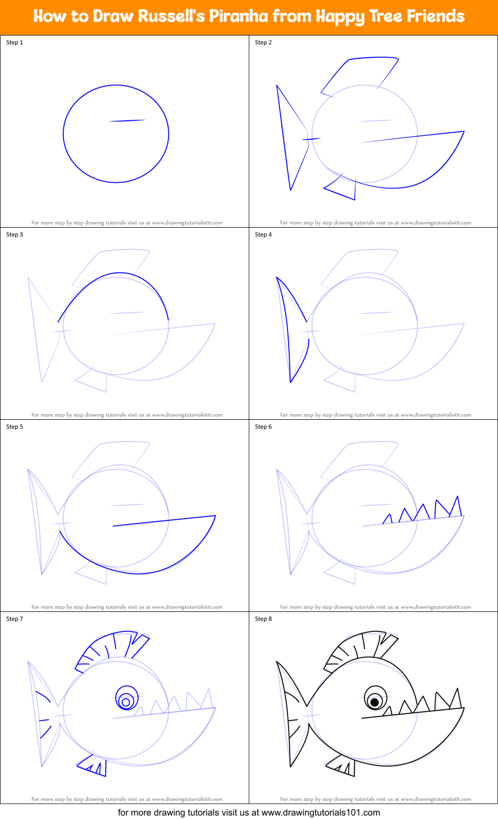 How to Draw Russell's Piranha from Happy Tree Friends Printable Step by Step