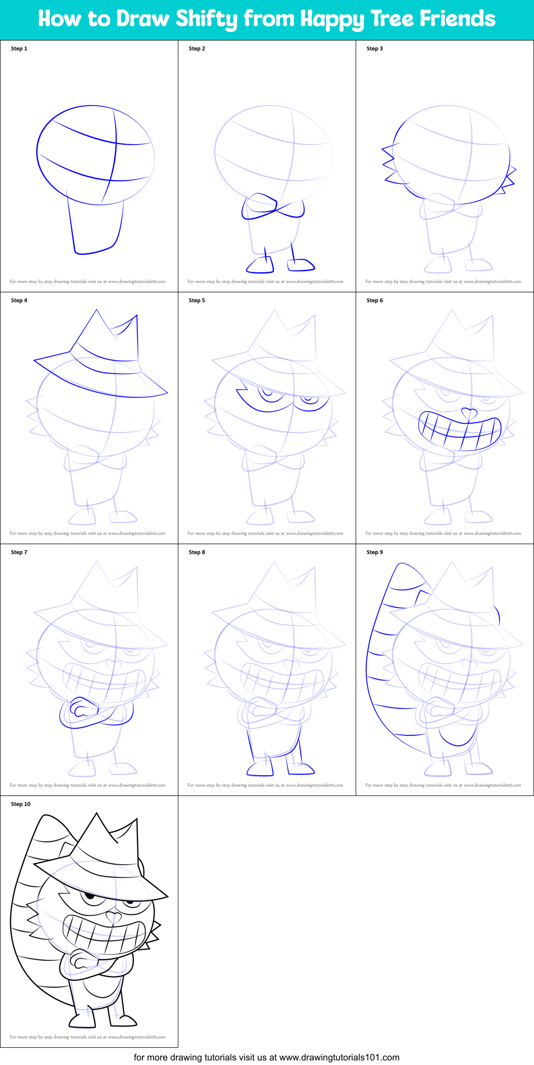 How to Draw Shifty from Happy Tree Friends Printable Step by Step