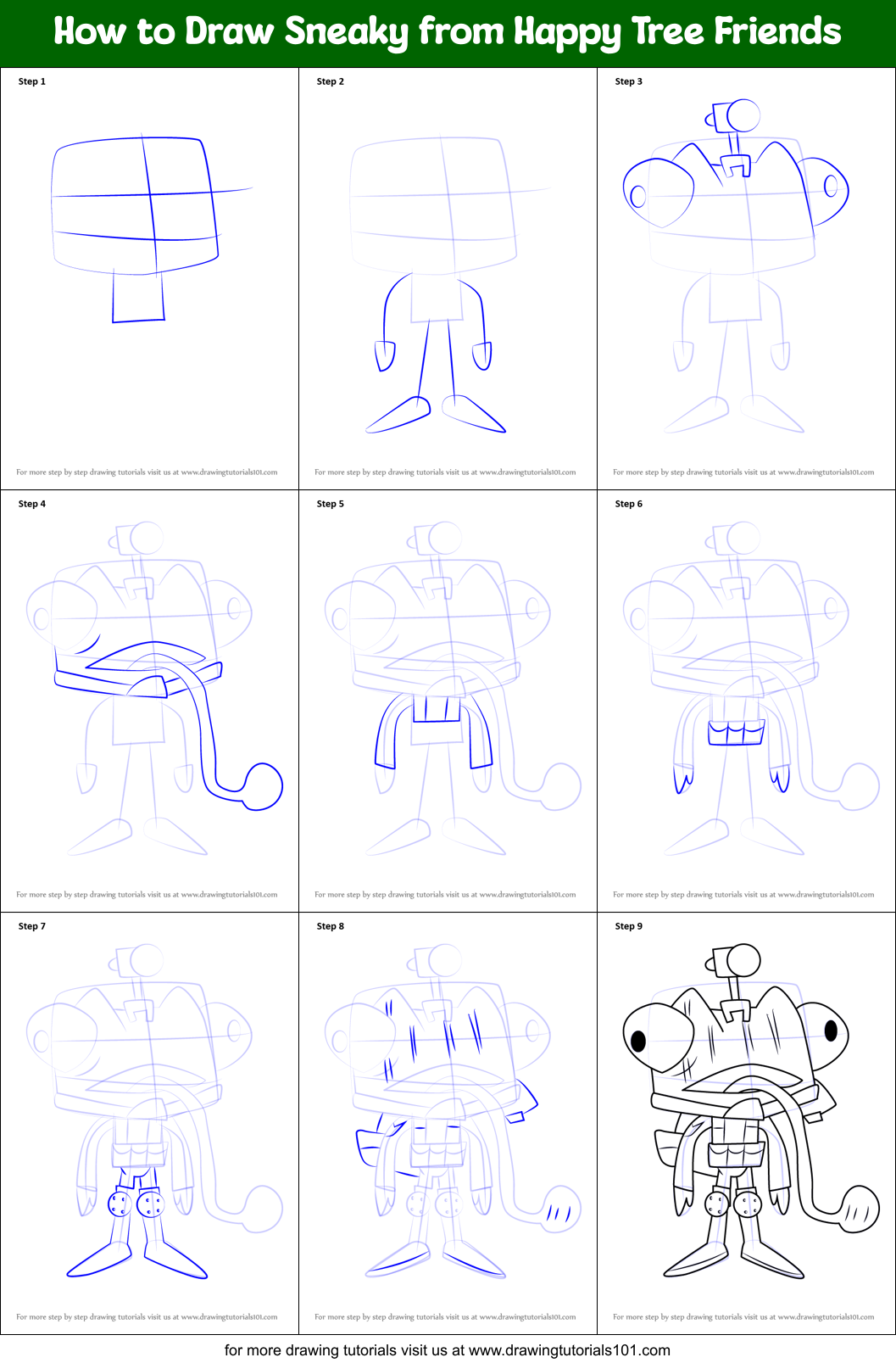 How to Draw Sneaky from Happy Tree Friends Printable Step by Step