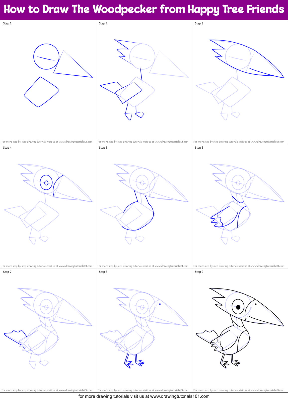How to Draw The Woodpecker from Happy Tree Friends Printable Step by Step