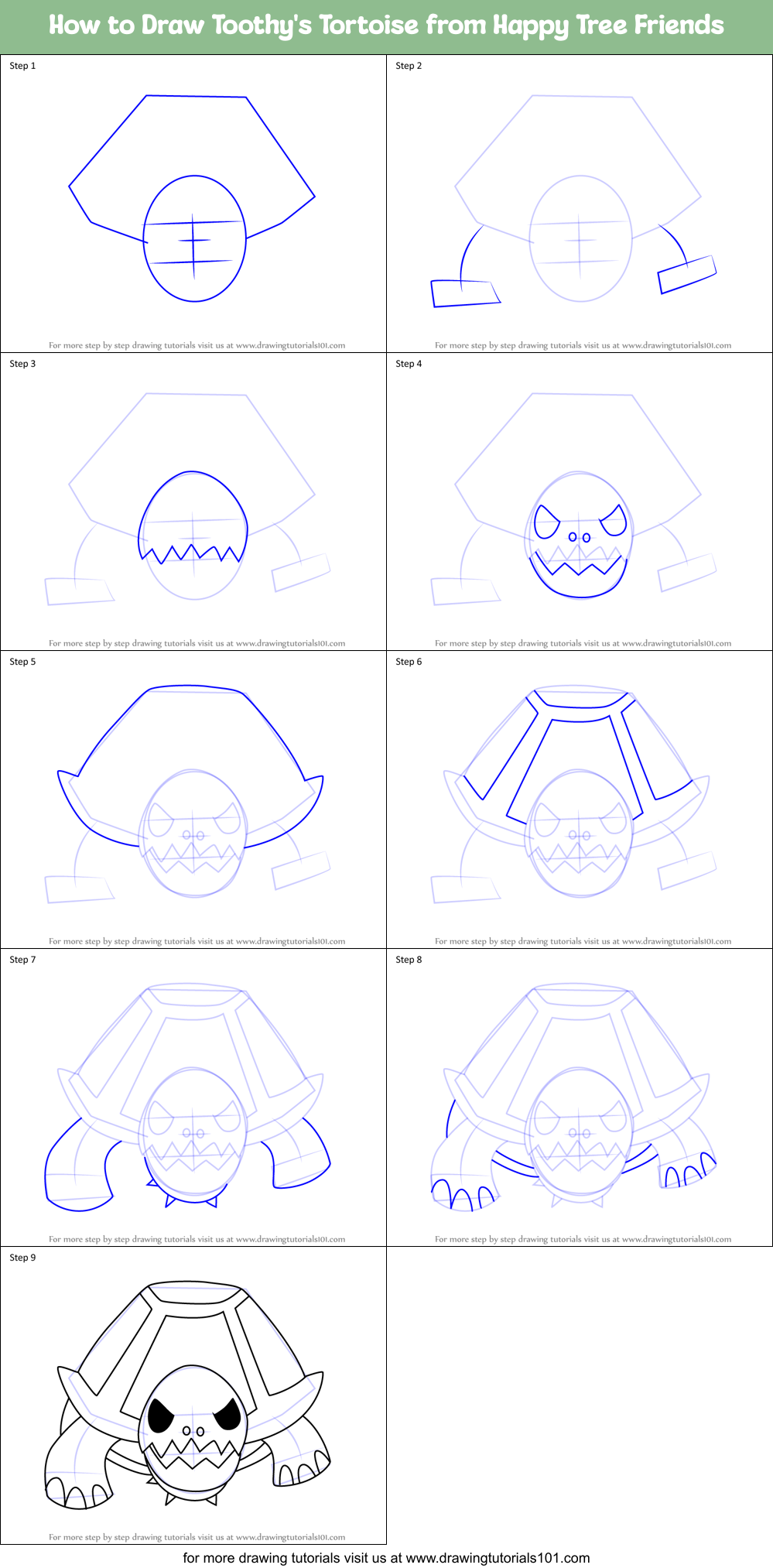 How to Draw Toothy's Tortoise from Happy Tree Friends Printable Step by Step