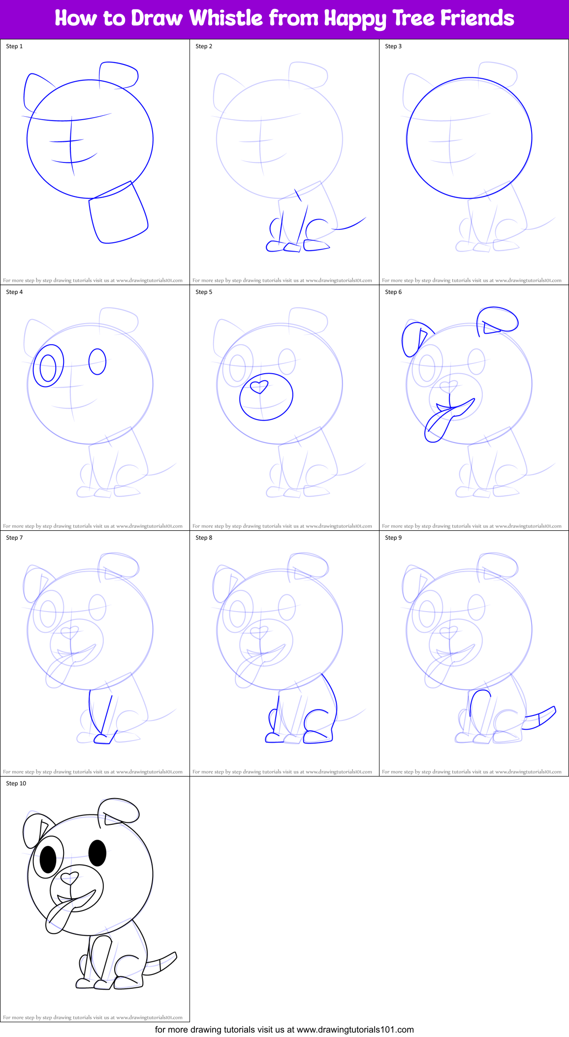 How to Draw Whistle from Happy Tree Friends Printable Step by Step
