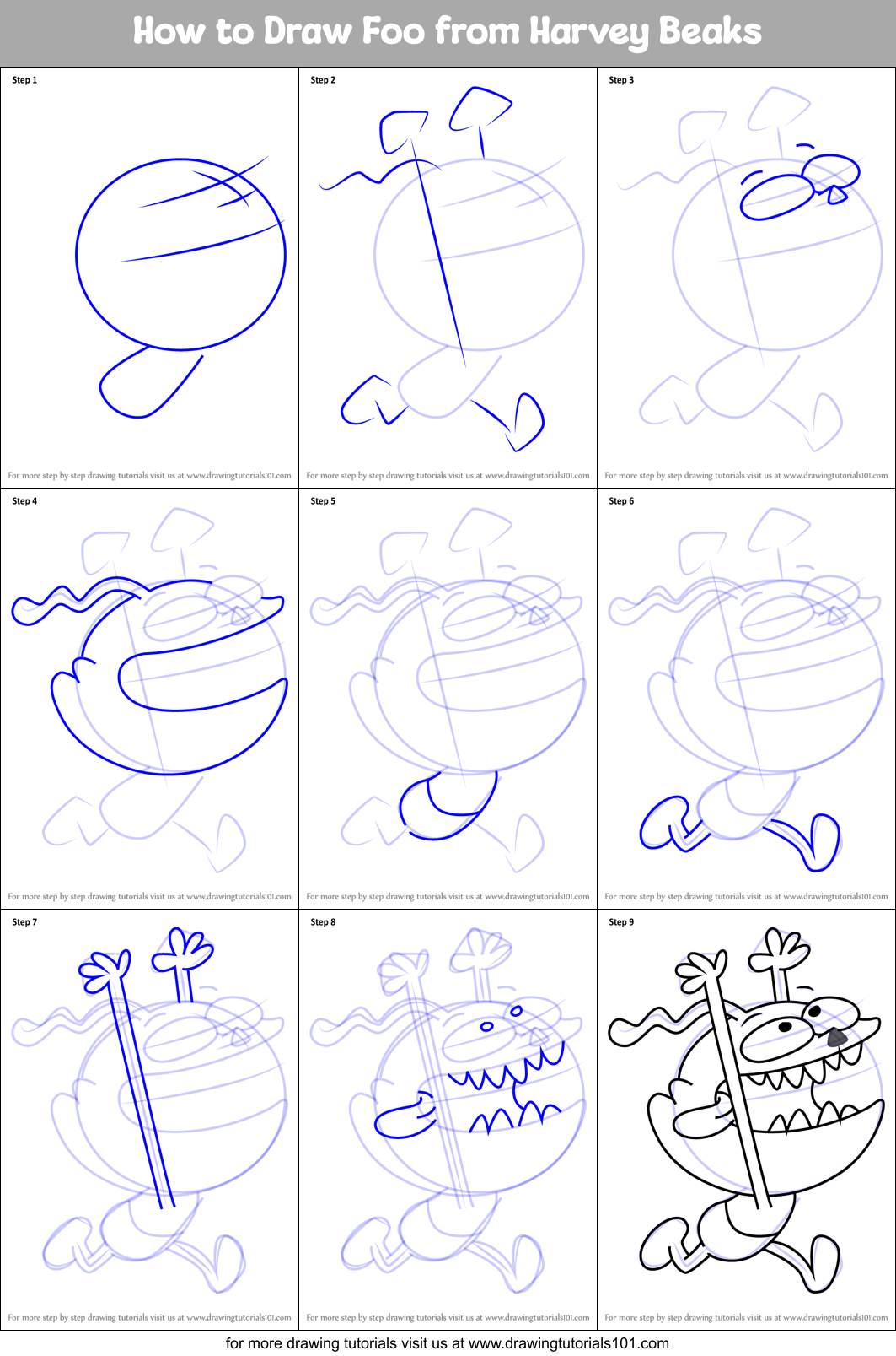 How to Draw Foo from Harvey Beaks Printable Step by Step