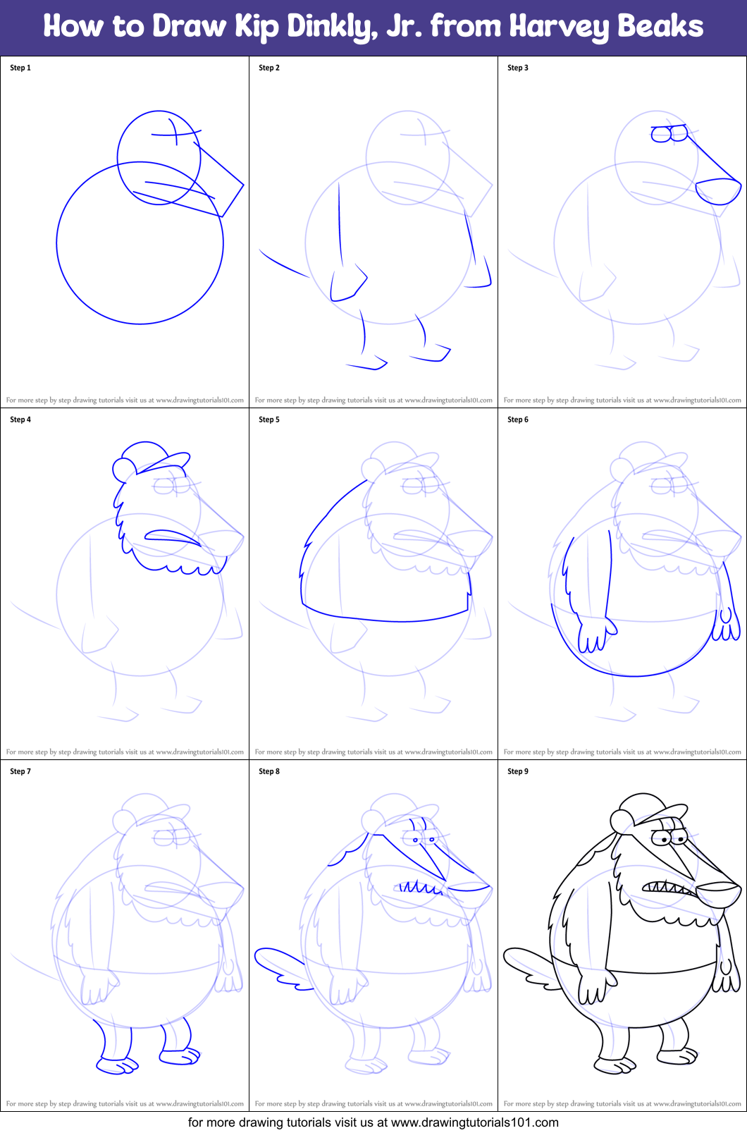 How to Draw Kip Dinkly, Jr. from Harvey Beaks Printable Step by Step