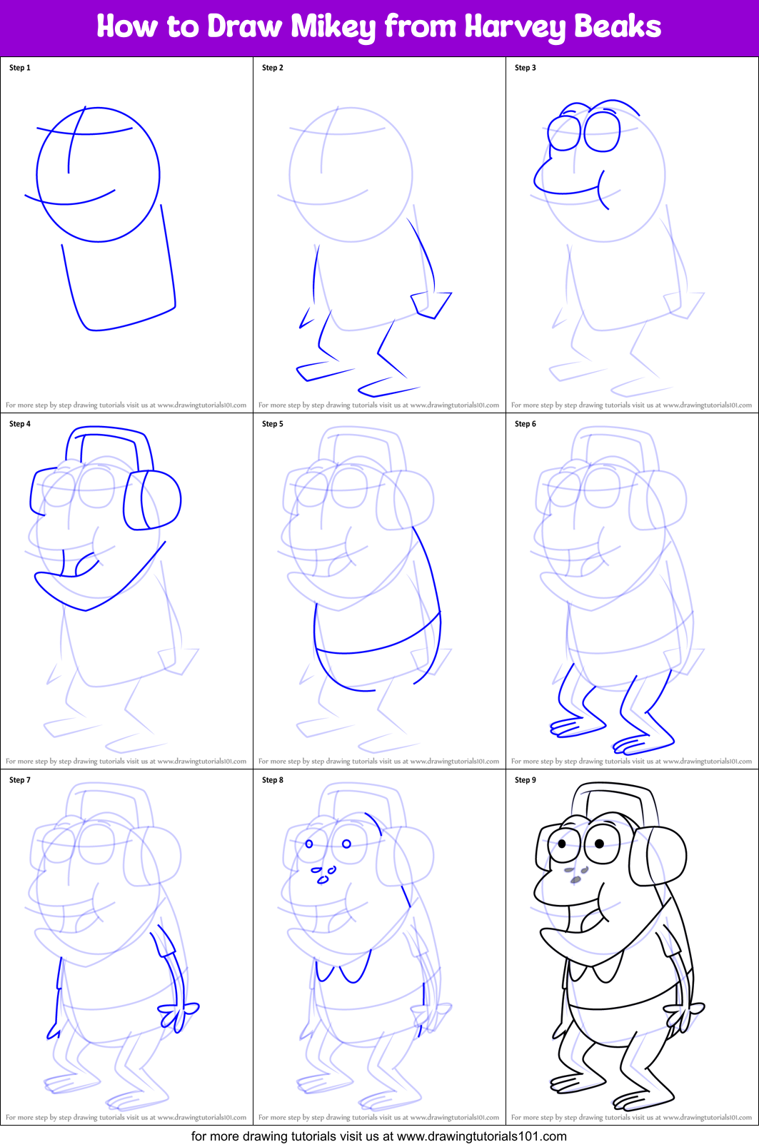 How to Draw Mikey from Harvey Beaks Printable Step by Step