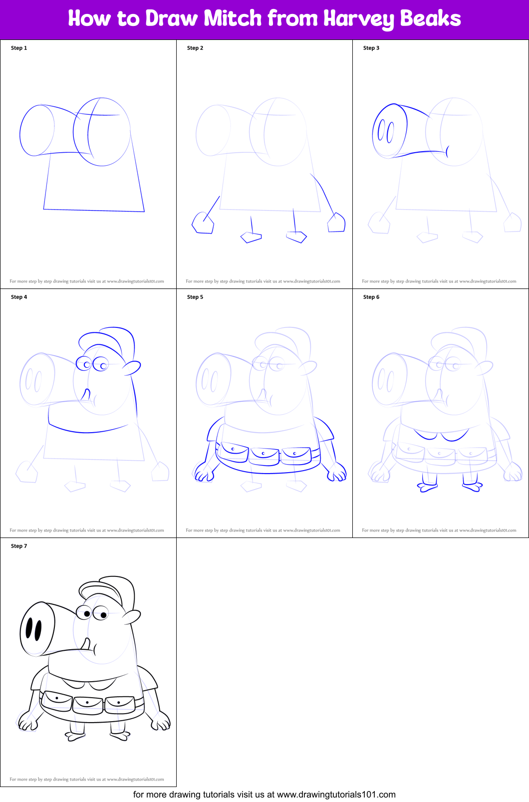 How to Draw Mitch from Harvey Beaks Printable Step by Step
