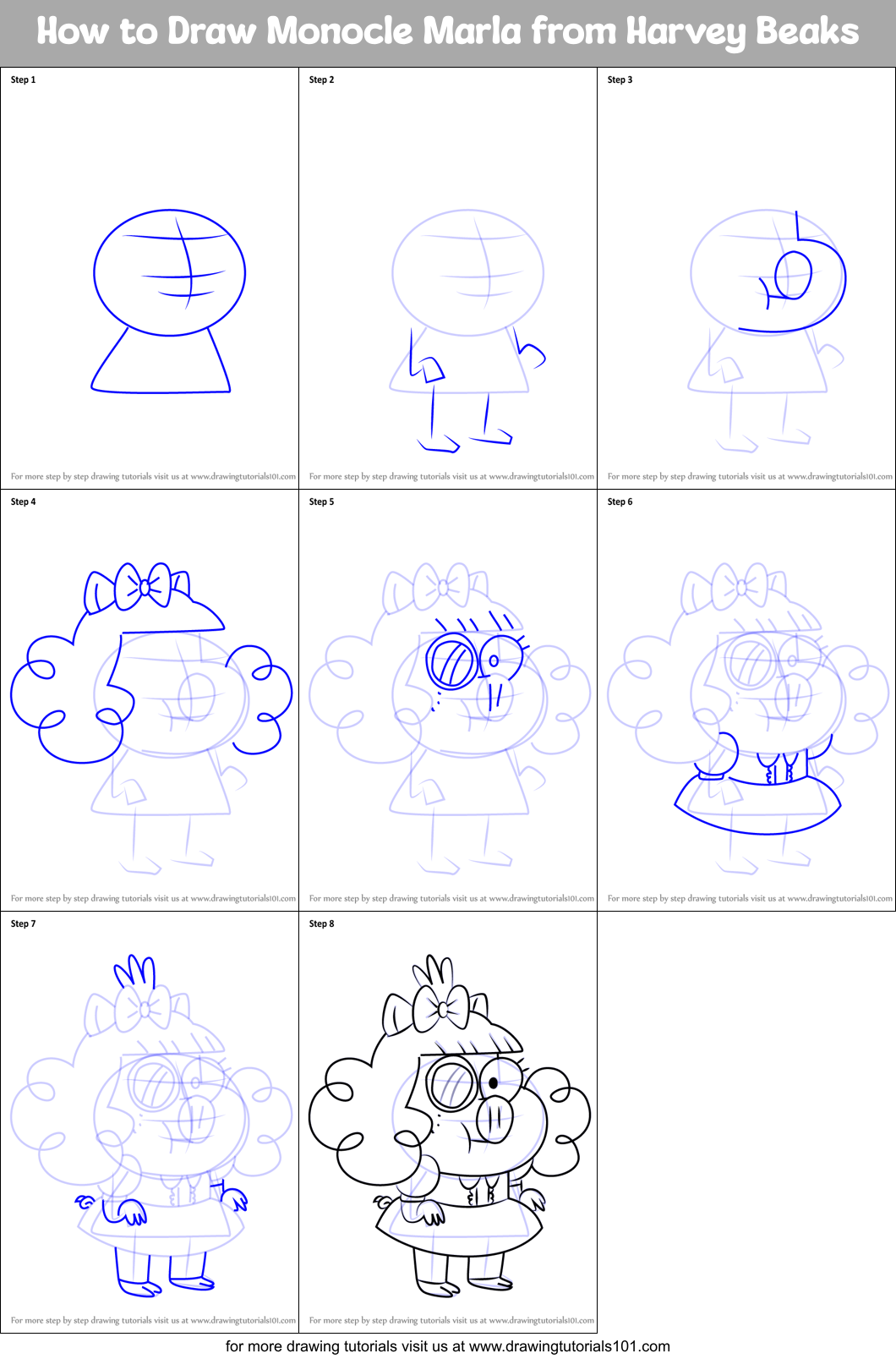 How to Draw Monocle Marla from Harvey Beaks Printable Step by Step