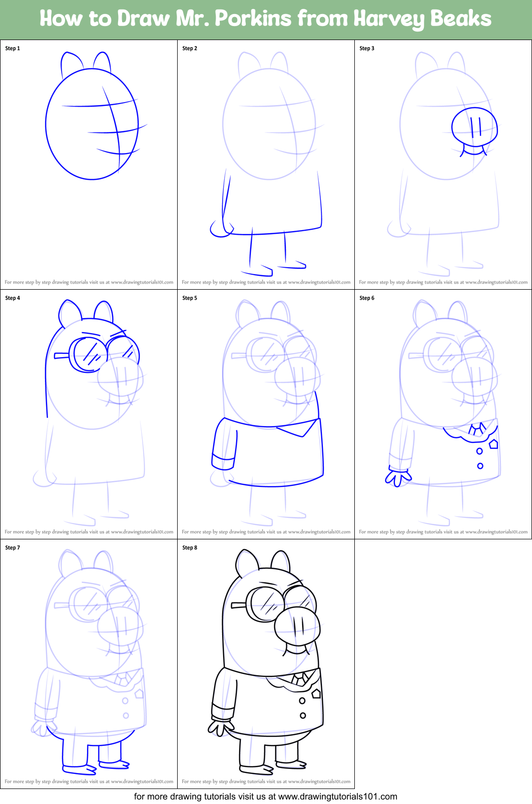 How to Draw Mr. Porkins from Harvey Beaks Printable Step by Step