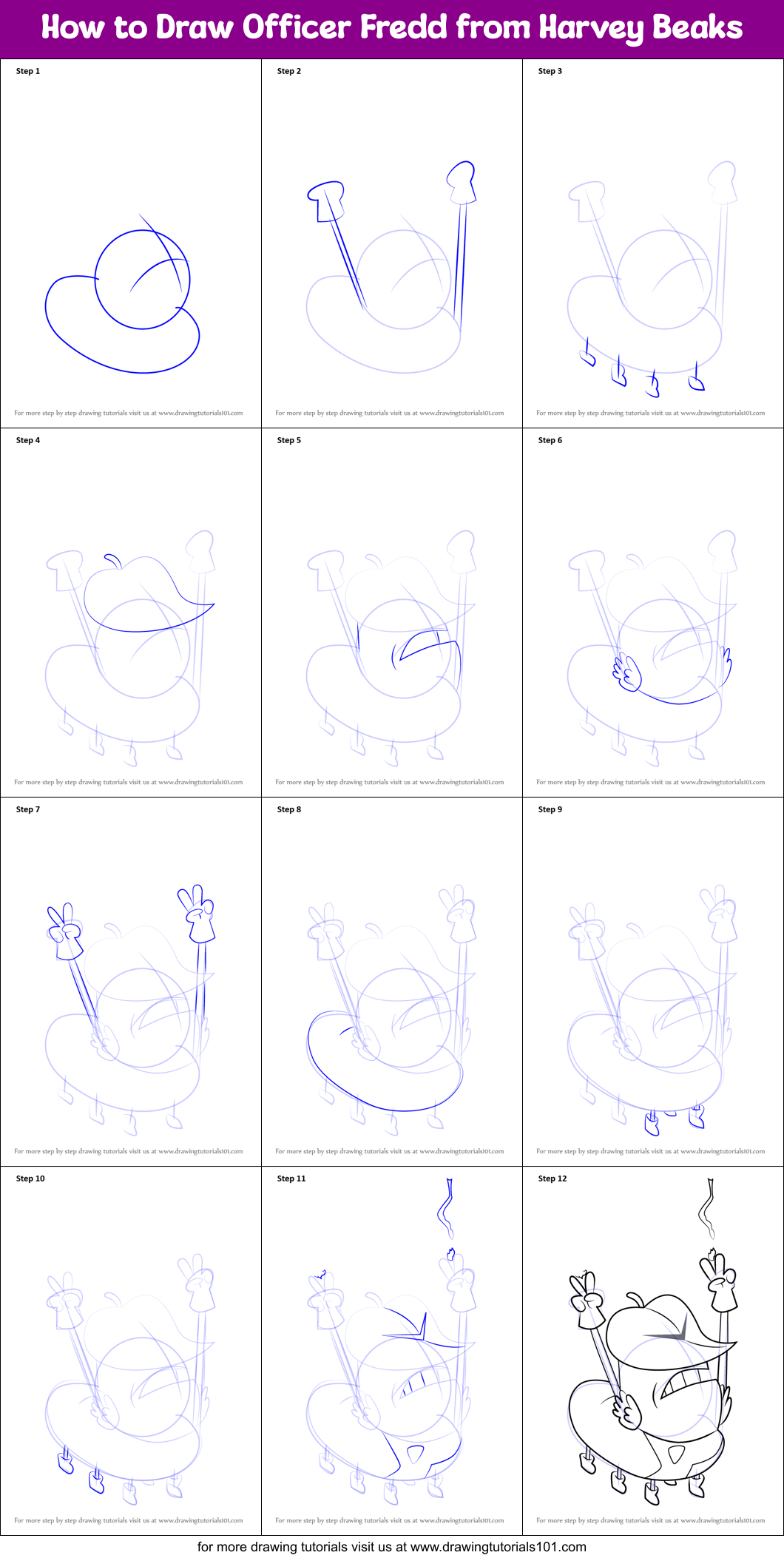 How to Draw Officer Fredd from Harvey Beaks Printable Step by Step
