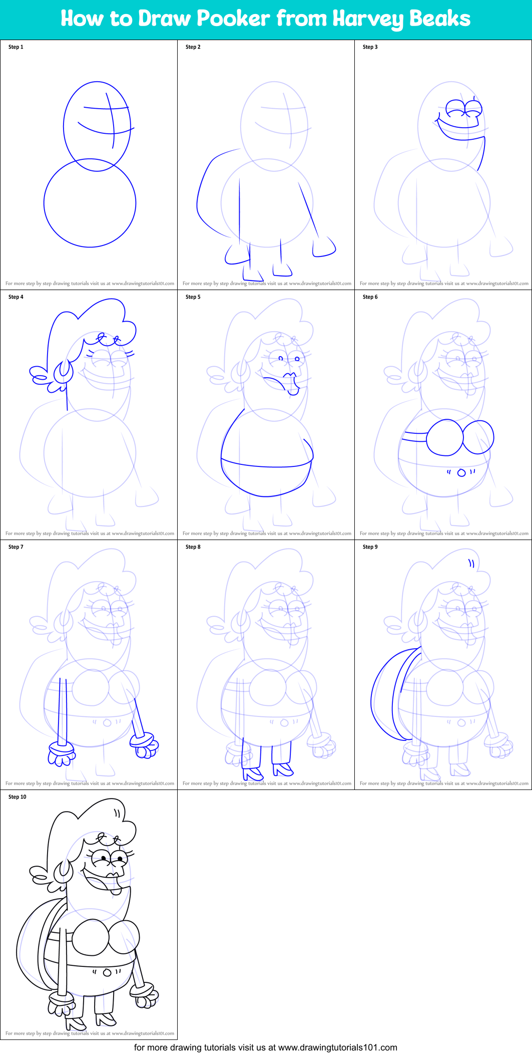 How to Draw Pooker from Harvey Beaks Printable Step by Step