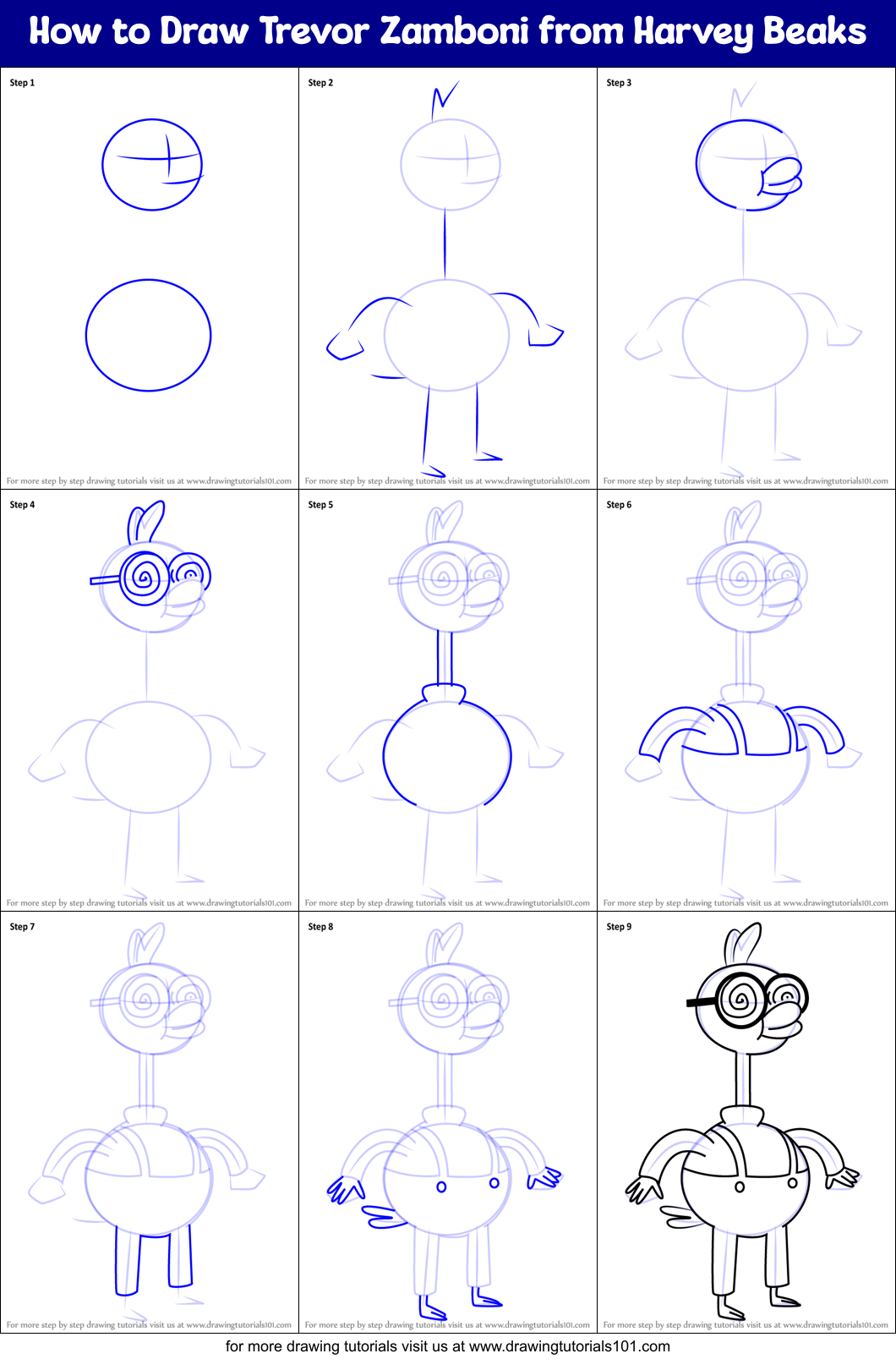 How to Draw Trevor Zamboni from Harvey Beaks Printable Step by Step