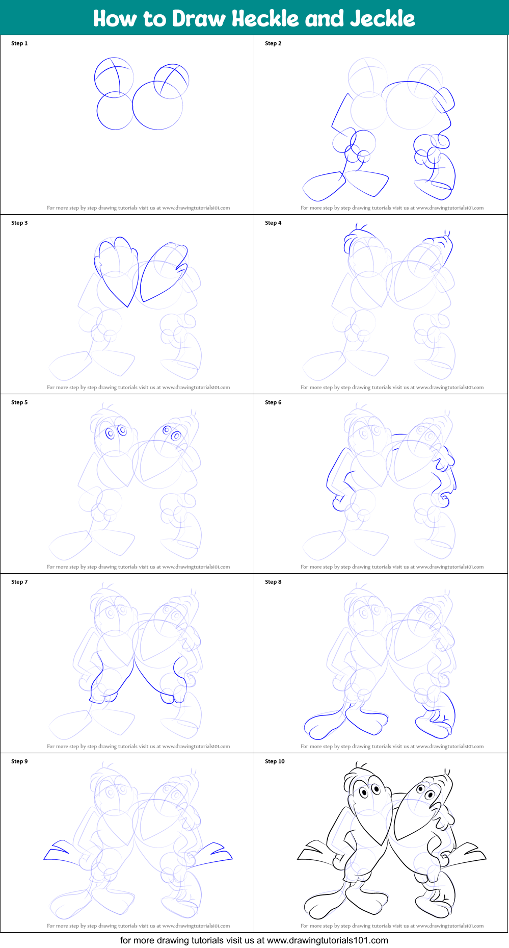 How to Draw Heckle and Jeckle Printable Step by Step