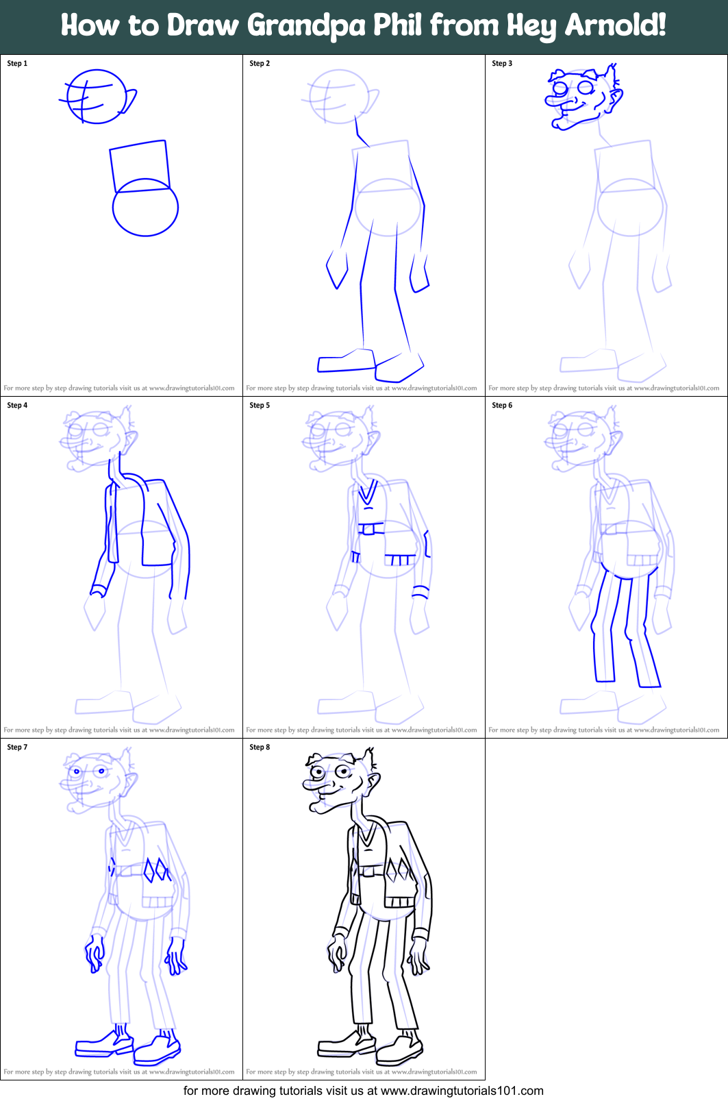 How to Draw Grandpa Phil from Hey Arnold! Printable Step by Step