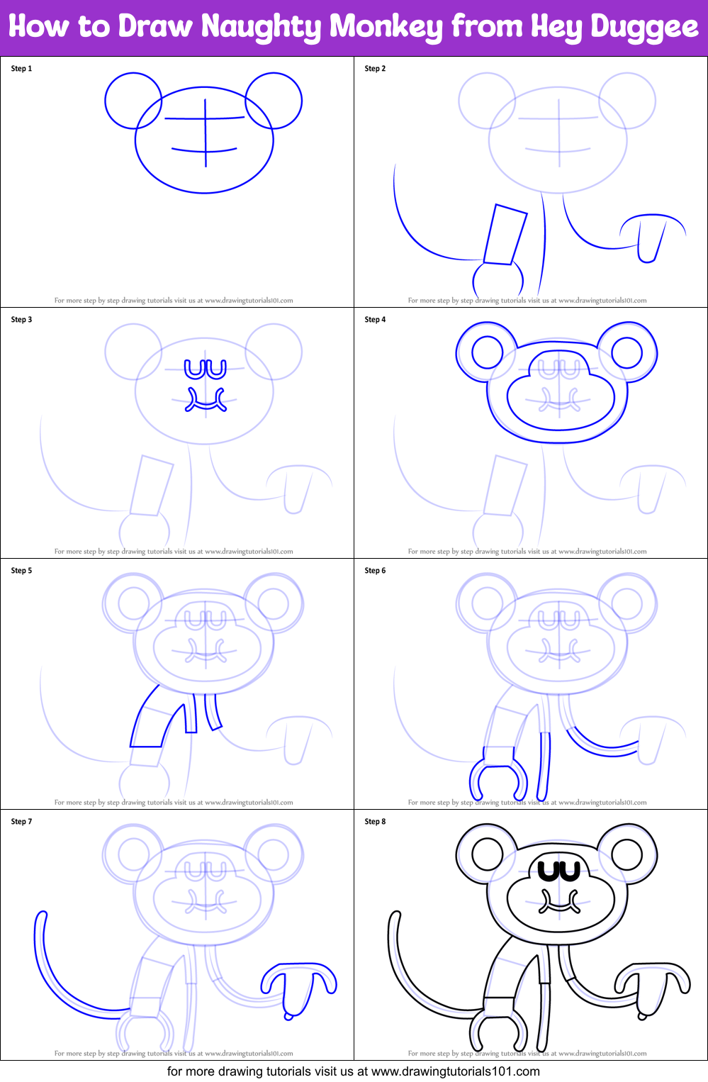 How to Draw Naughty Monkey from Hey Duggee Printable Step by Step