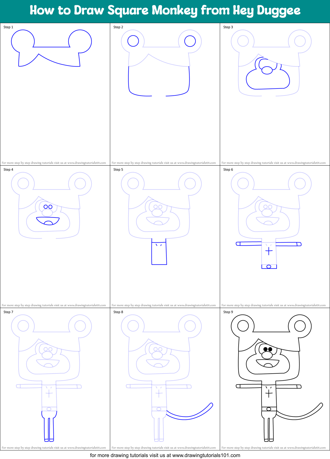 How to Draw Square Monkey from Hey Duggee Printable Step by Step