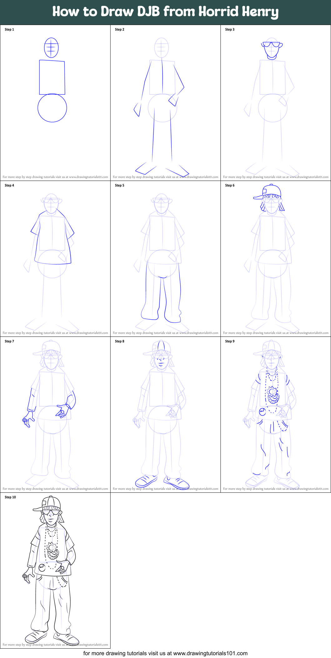 How to Draw DJB from Horrid Henry Printable Step by Step