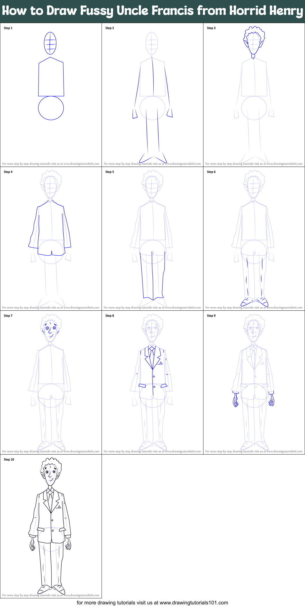 How to Draw Fussy Uncle Francis from Horrid Henry Printable Step by Step