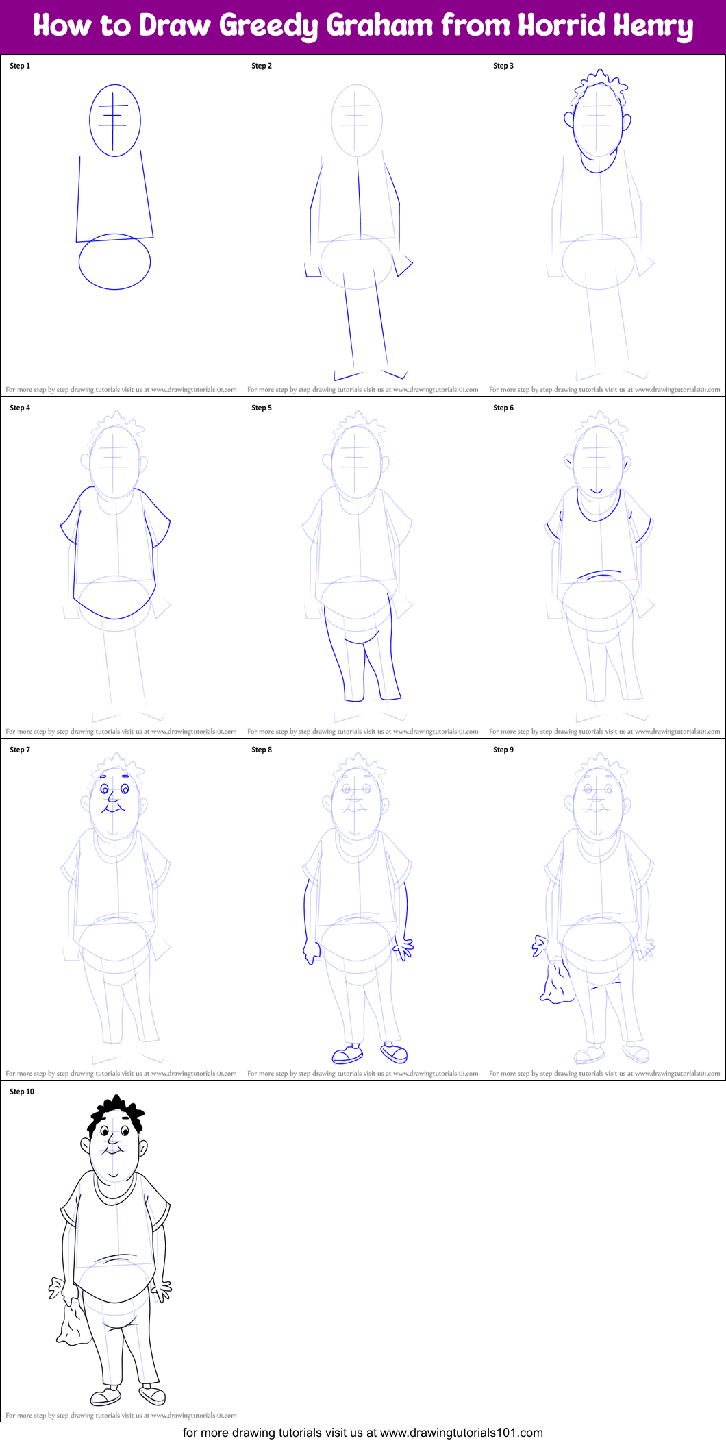 How to Draw Greedy Graham from Horrid Henry Printable Step by Step