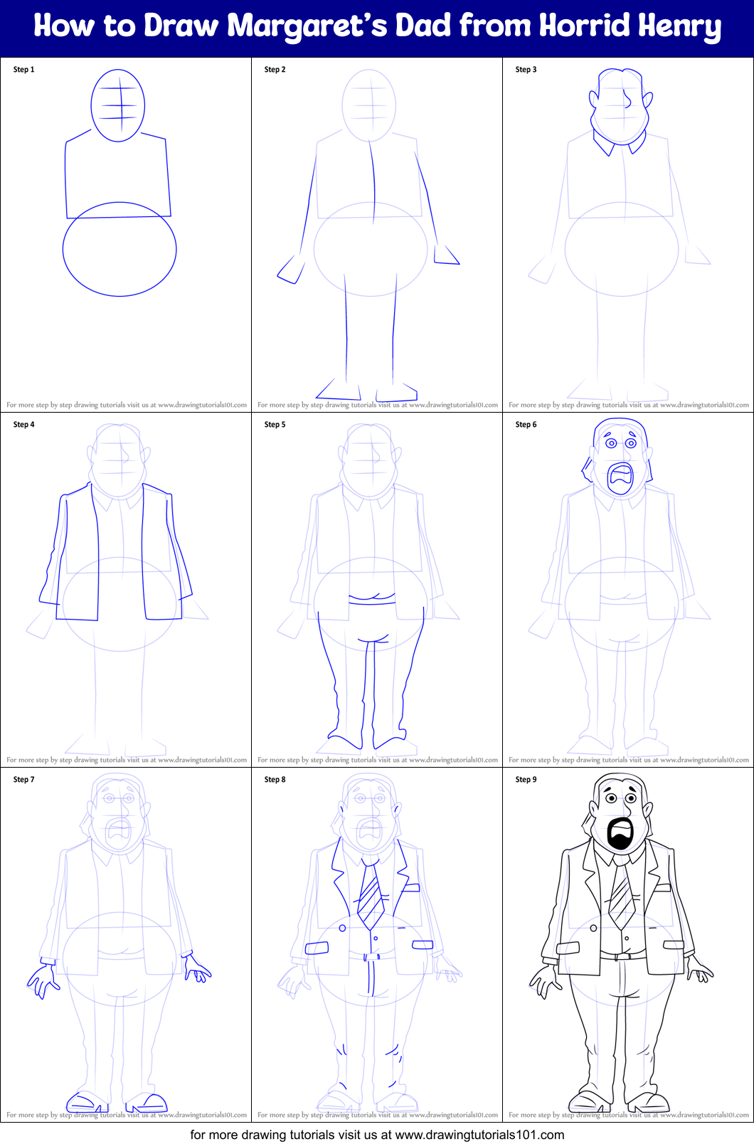 How to Draw Margaret’s Dad from Horrid Henry Printable Step by Step