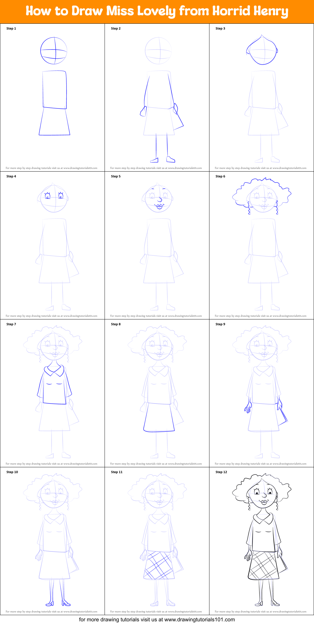 How to Draw Miss Lovely from Horrid Henry Printable Step by Step