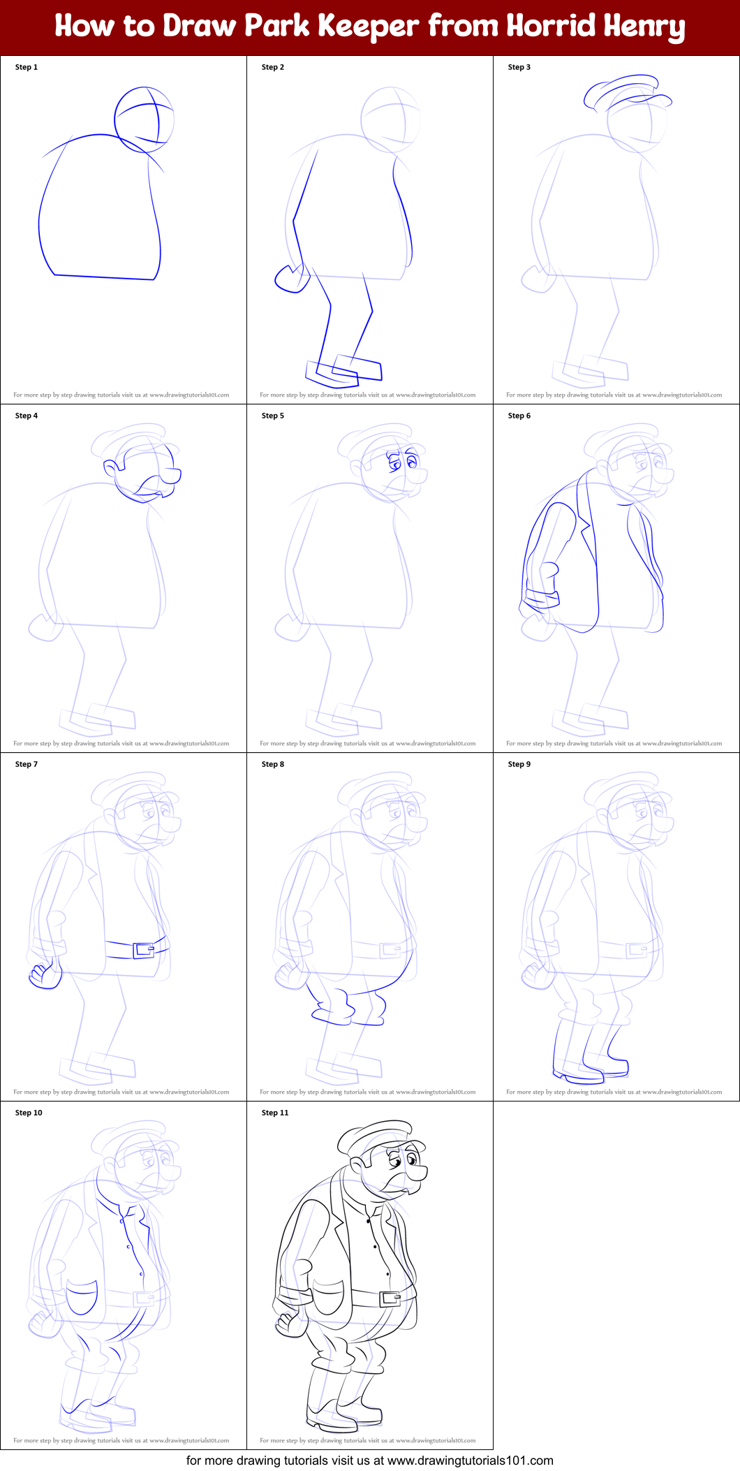 How to Draw Park Keeper from Horrid Henry Printable Step by Step