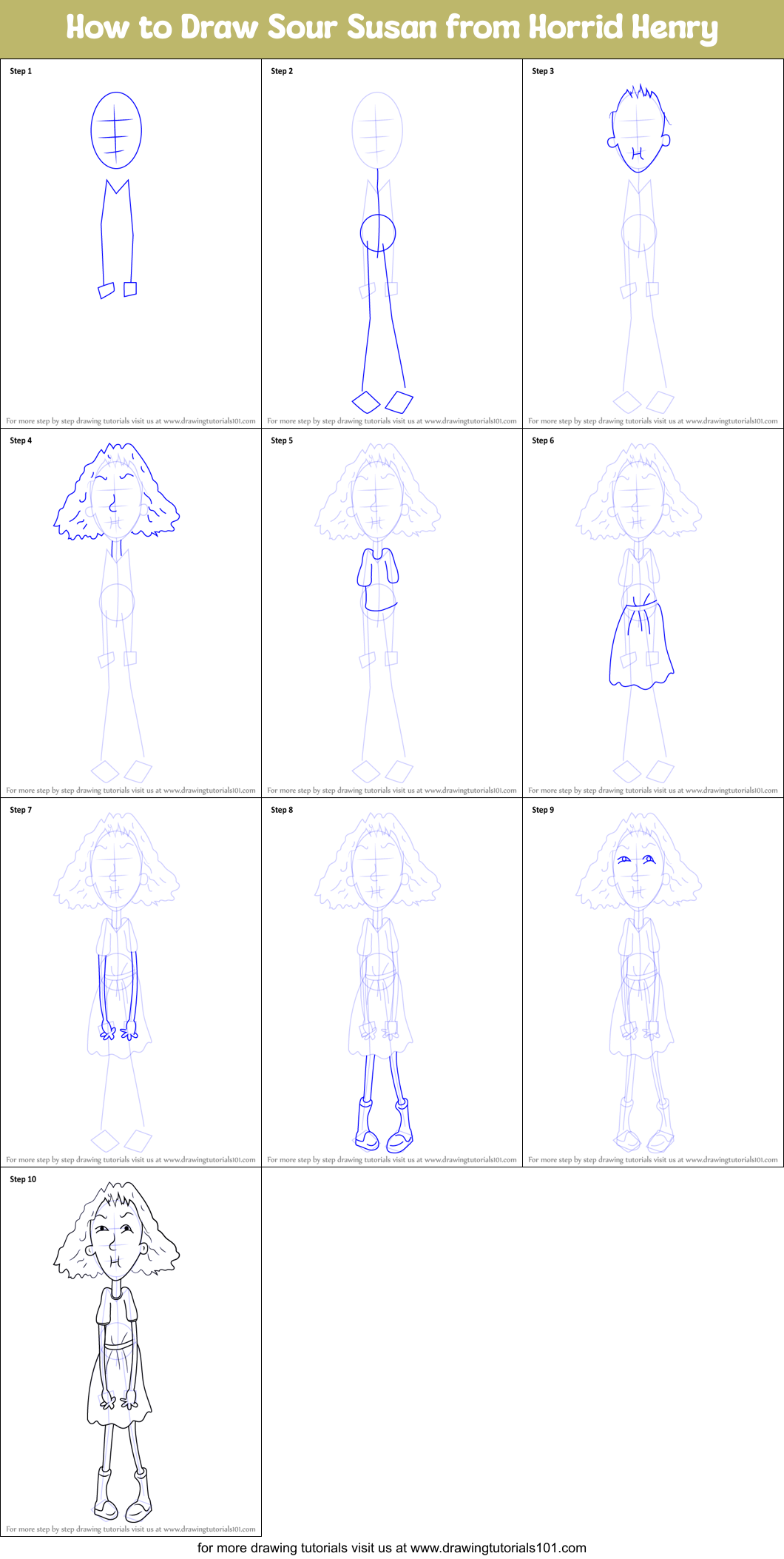 How to Draw Sour Susan from Horrid Henry Printable Step by Step