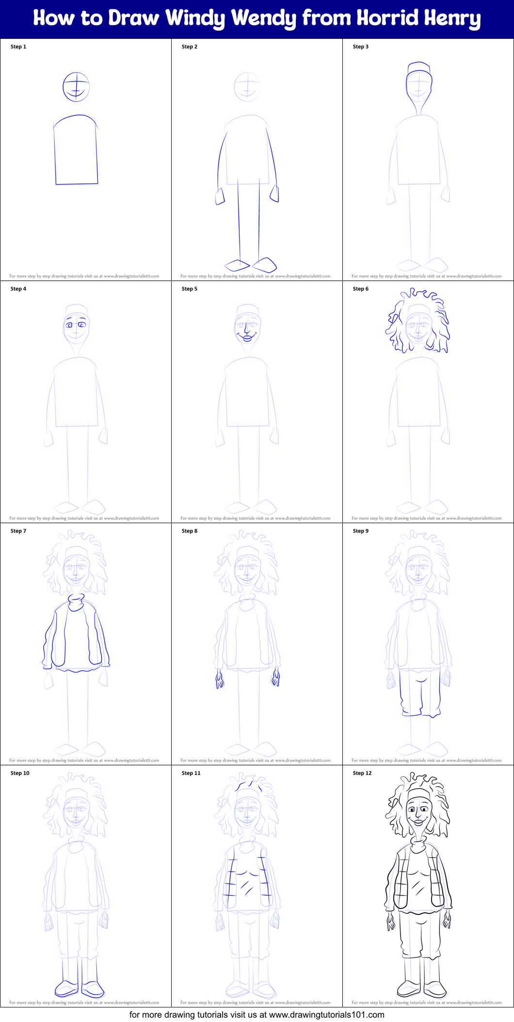 How to Draw Windy Wendy from Horrid Henry Printable Step by Step
