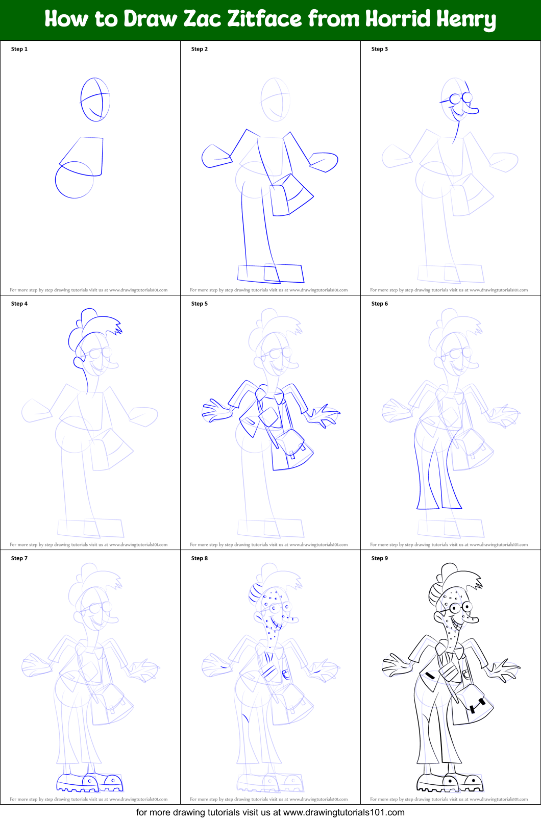How to Draw Zac Zitface from Horrid Henry Printable Step by Step