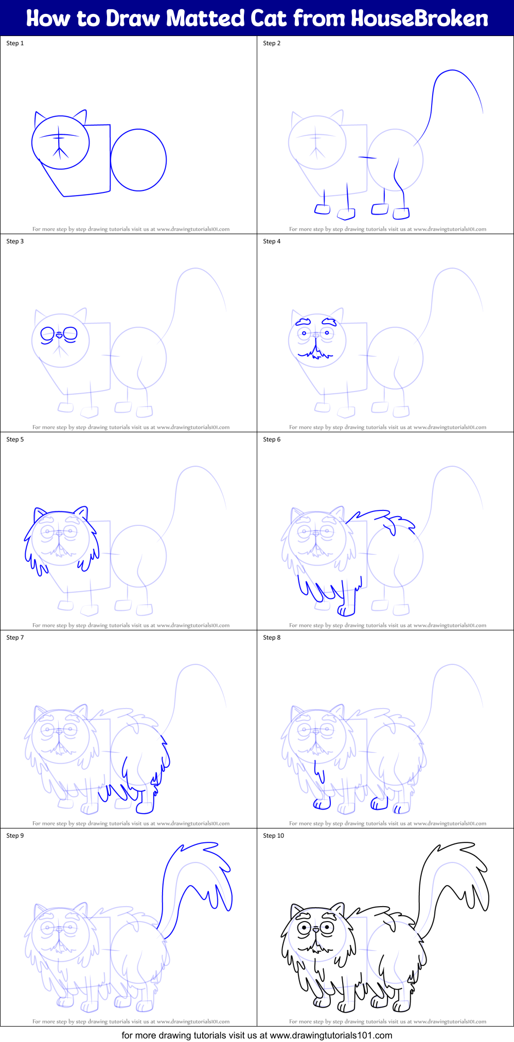 How to Draw Matted Cat from HouseBroken Printable Step by Step