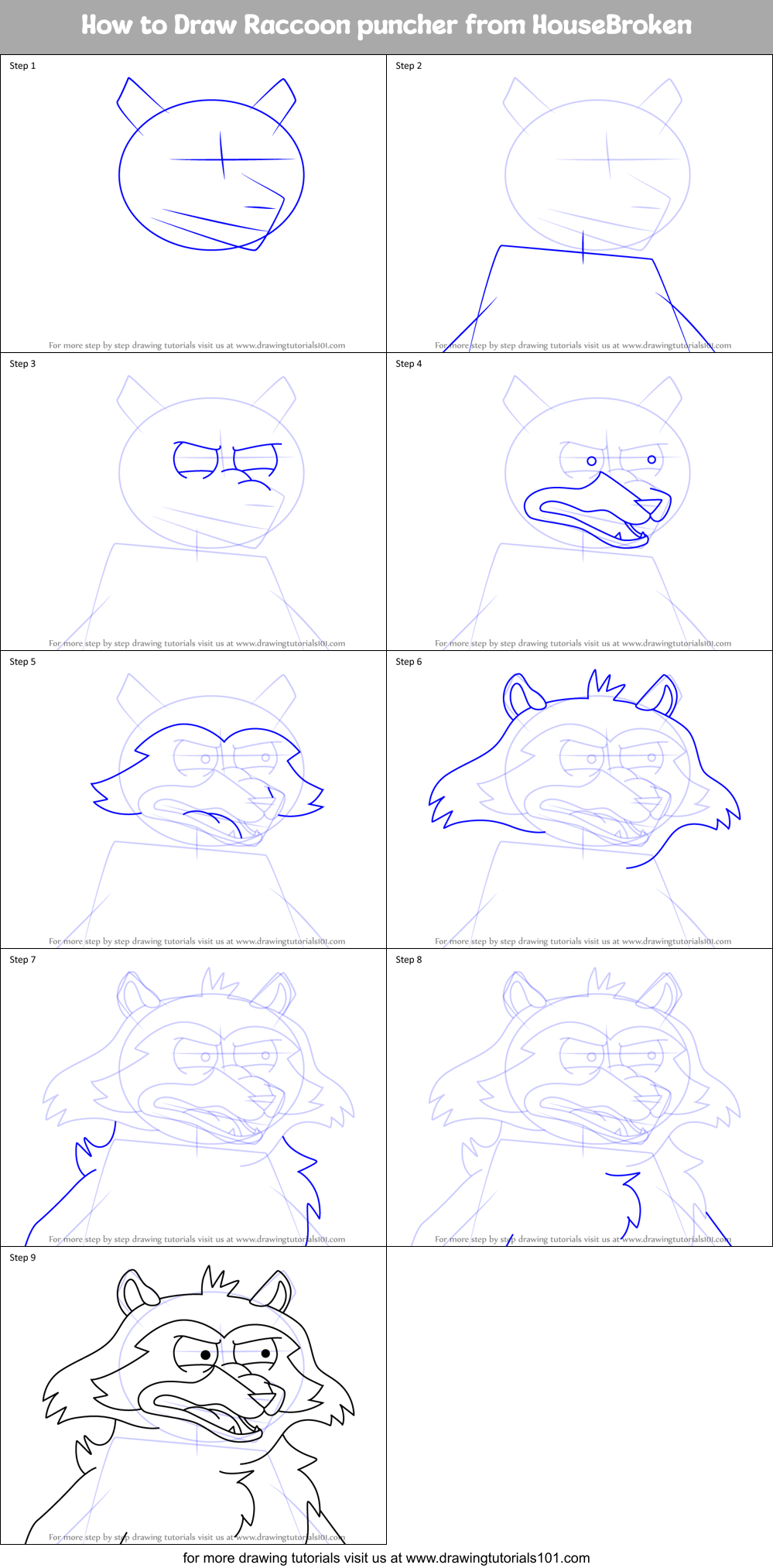 How to Draw Raccoon puncher from HouseBroken Printable Step by Step