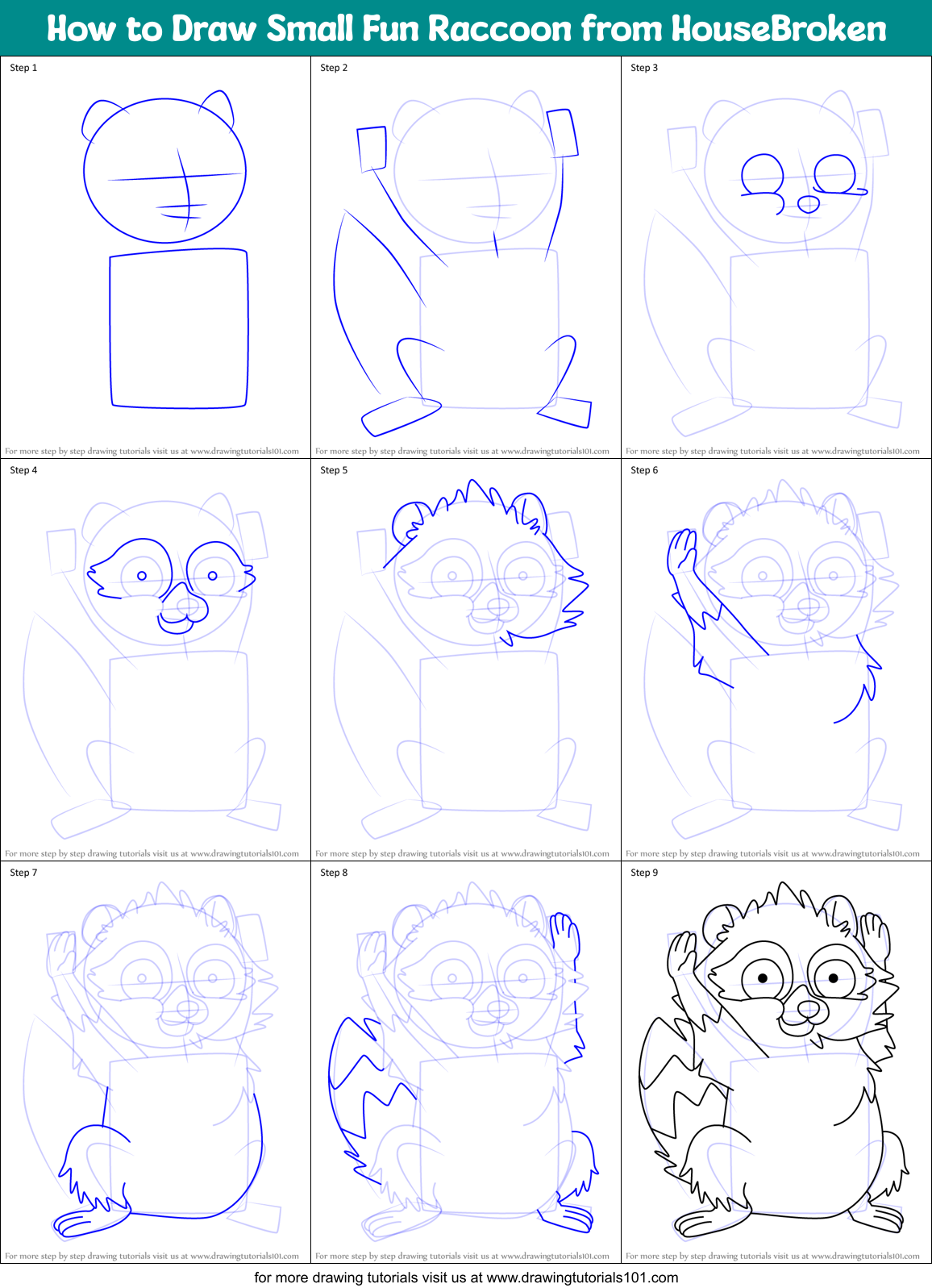 How to Draw Small Fun Raccoon from HouseBroken Printable Step by Step