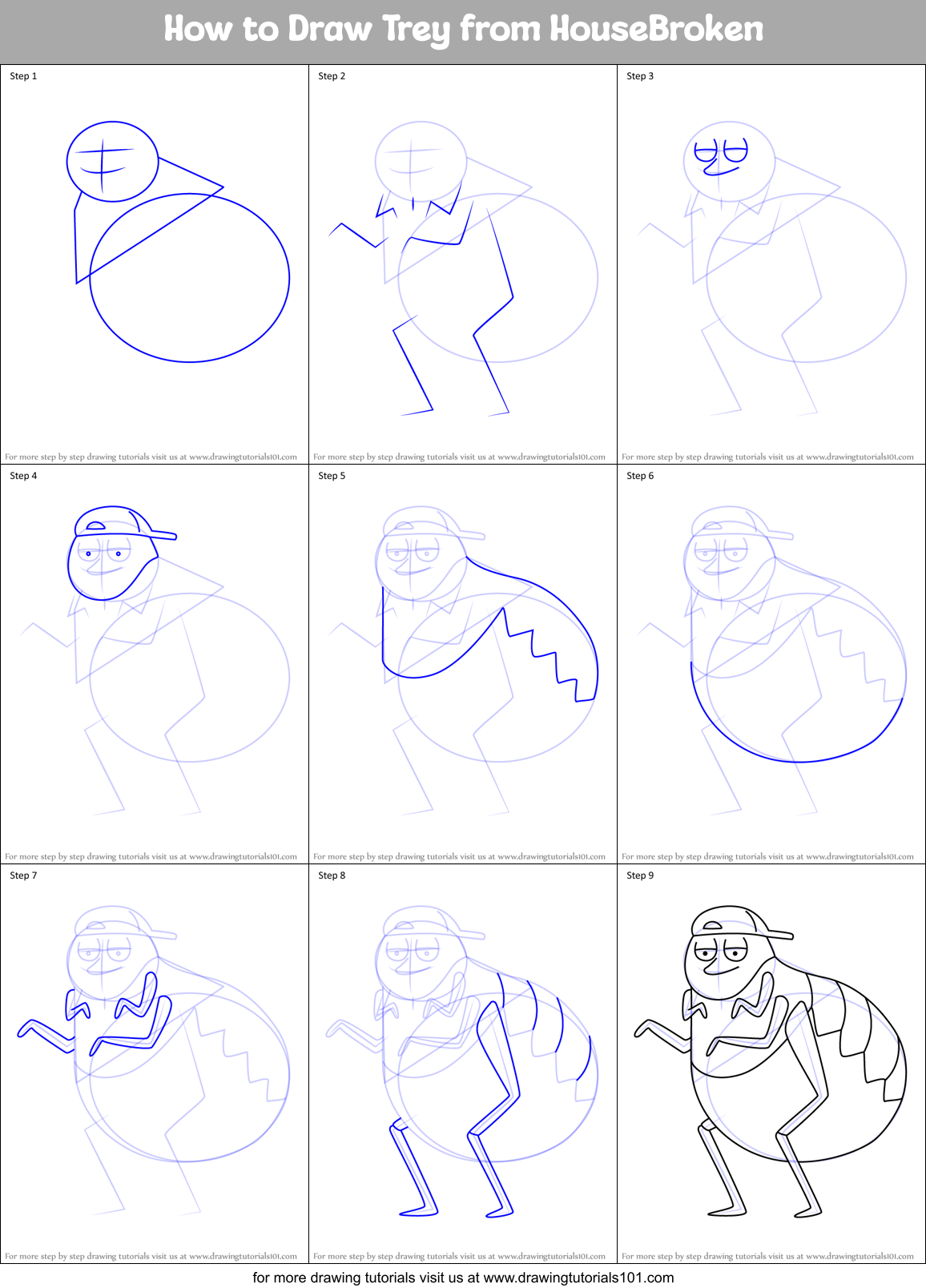 How to Draw Trey from HouseBroken Printable Step by Step