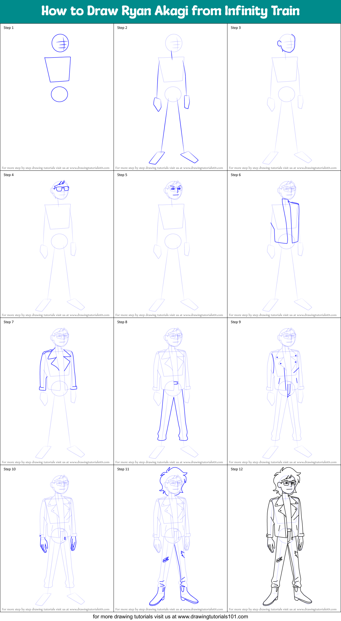 How to Draw Ryan Akagi from Infinity Train Printable Step by Step