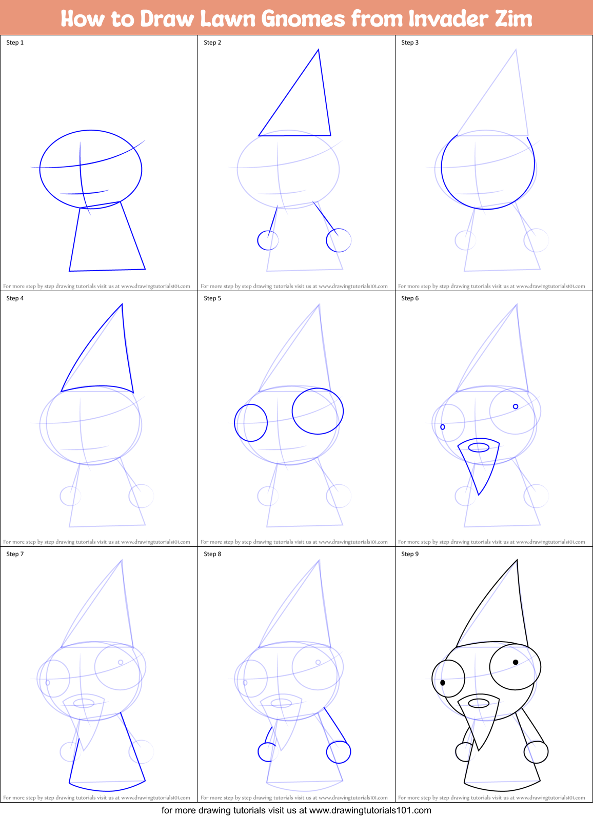 How to Draw Lawn Gnomes from Invader Zim Printable Step by Step