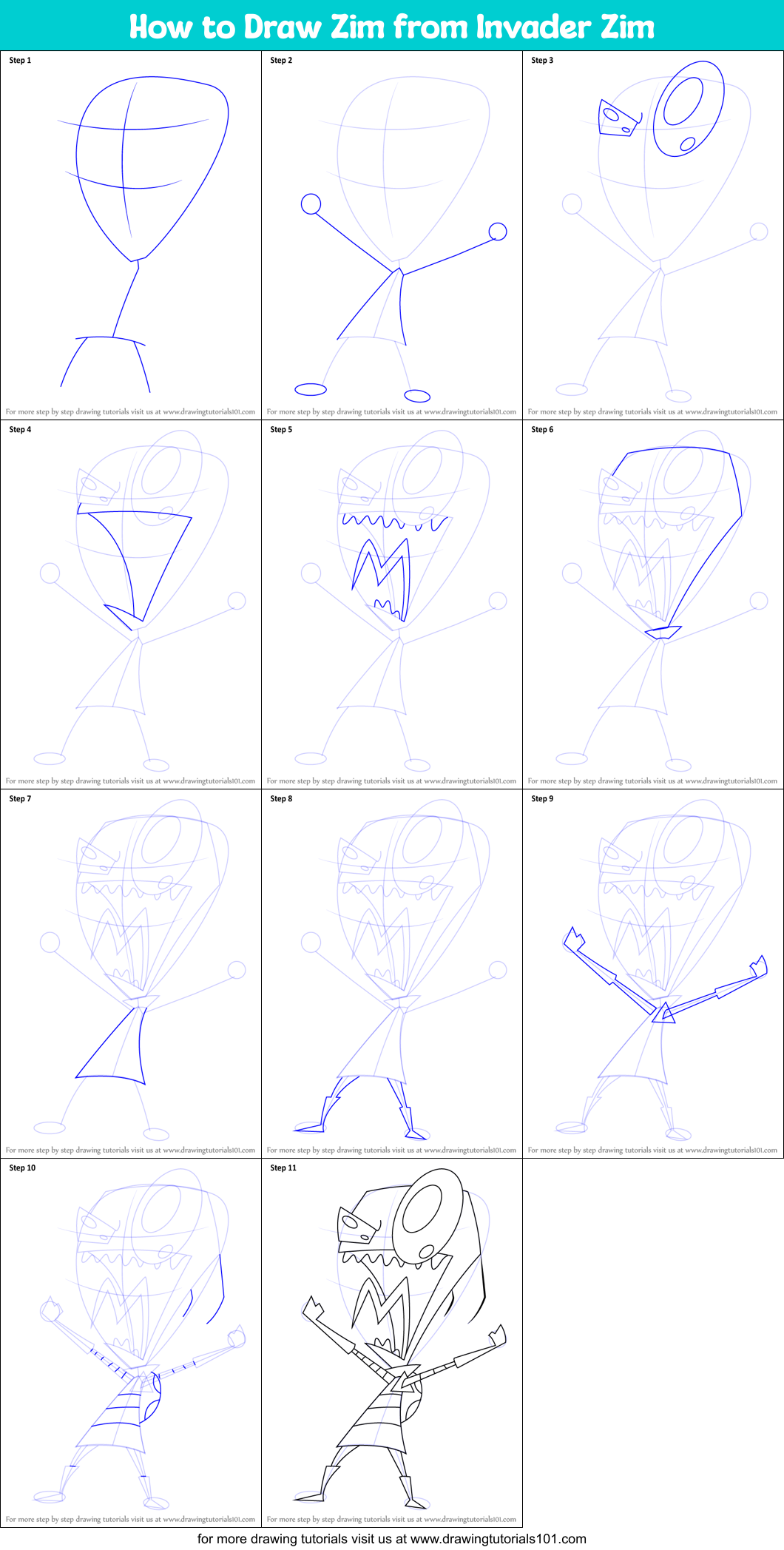 How to Draw Zim from Invader Zim Printable Step by Step