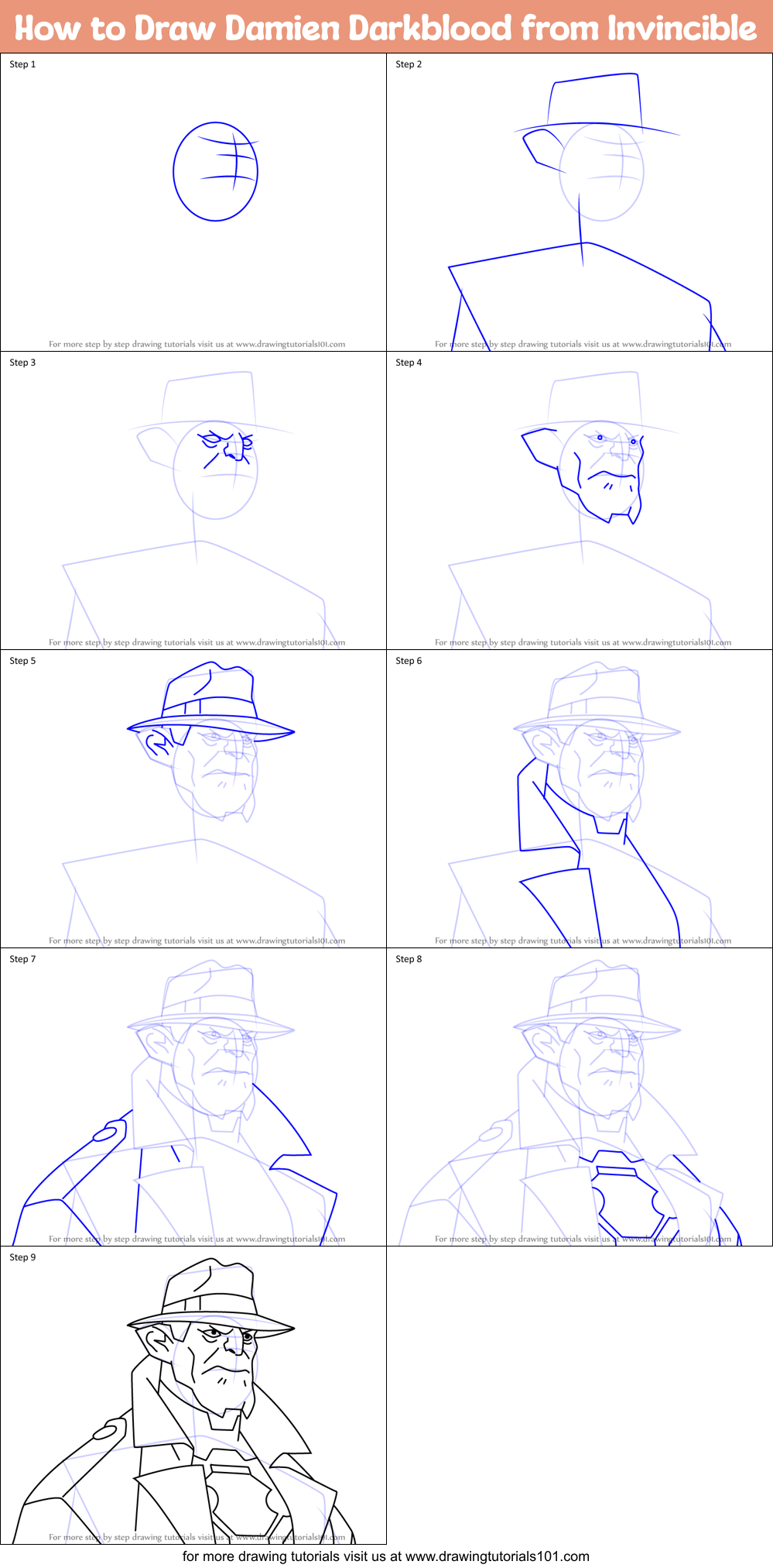 How to Draw Damien Darkblood from Invincible Printable Step by Step