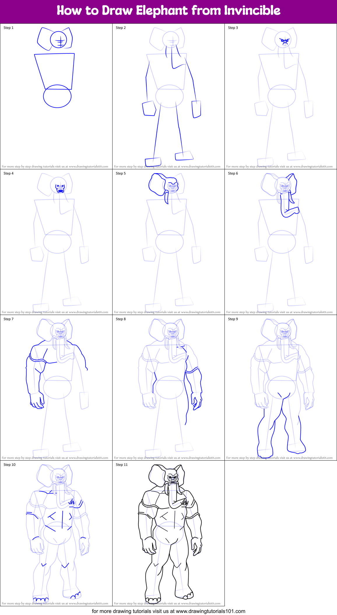 How to Draw Elephant from Invincible Printable Step by Step