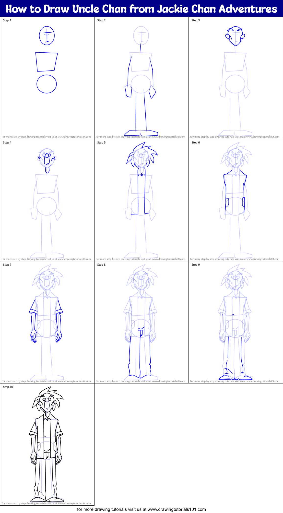 How to Draw Uncle Chan from Jackie Chan Adventures Printable Step by Step